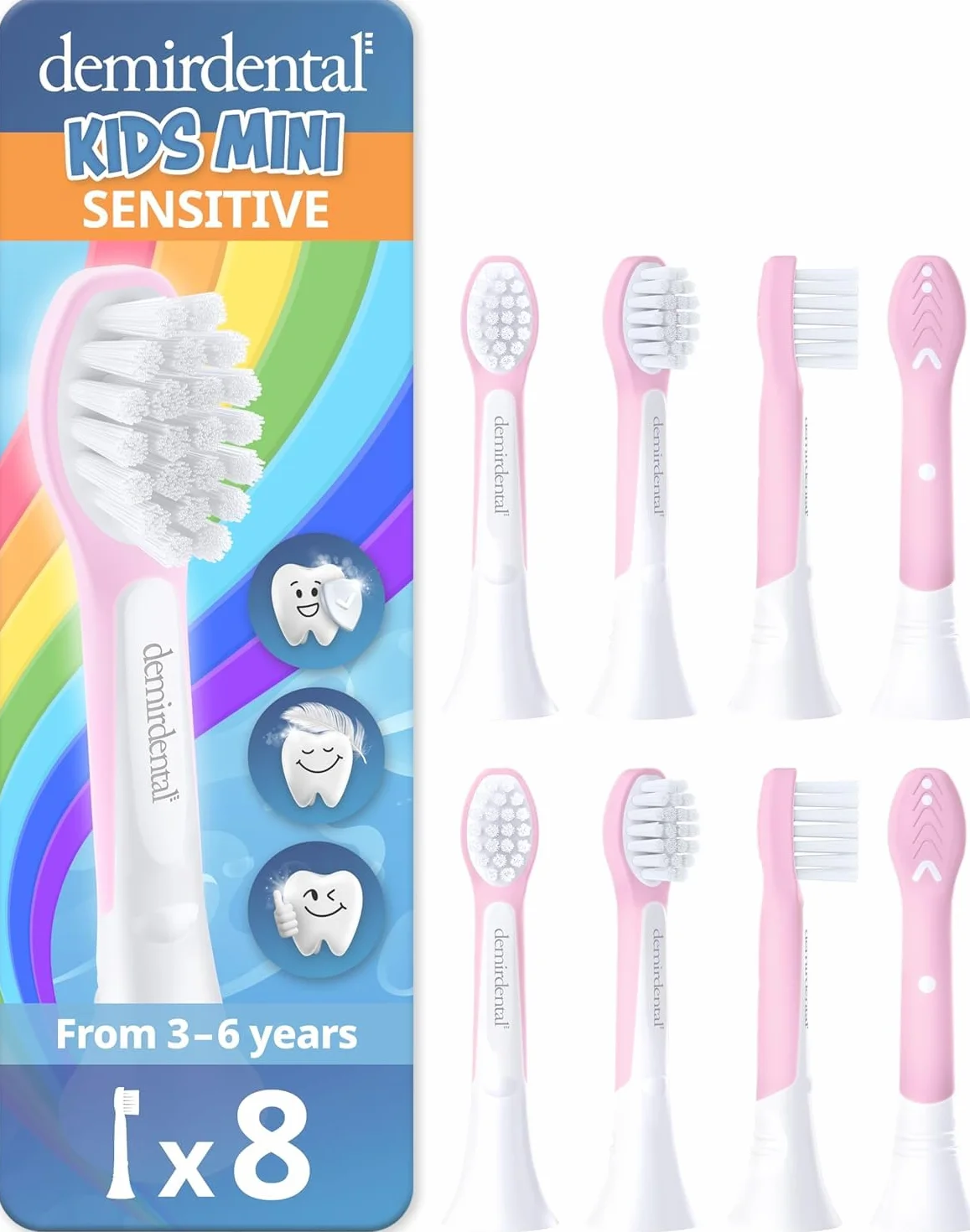 demirdental Szczotki zamienne dla dzieci, pasują do Philips Sonicare Kids Compact Mini, odpowiednie dla dzieci w wieku 3-6 lat, odpowiadają HX6034 HX6038, różowe, zestaw 8 sztuk