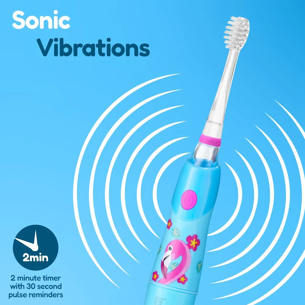 Brush-Baby Flamingo KidzSonic elektryczna szczoteczka do zębów dla dzieci, 3+ lata – włosie DeepClean, przyssawka – zabawne wzornictwo z migającymi lampkami dyskotekowymi – z 2 zapasowymi głowicami i