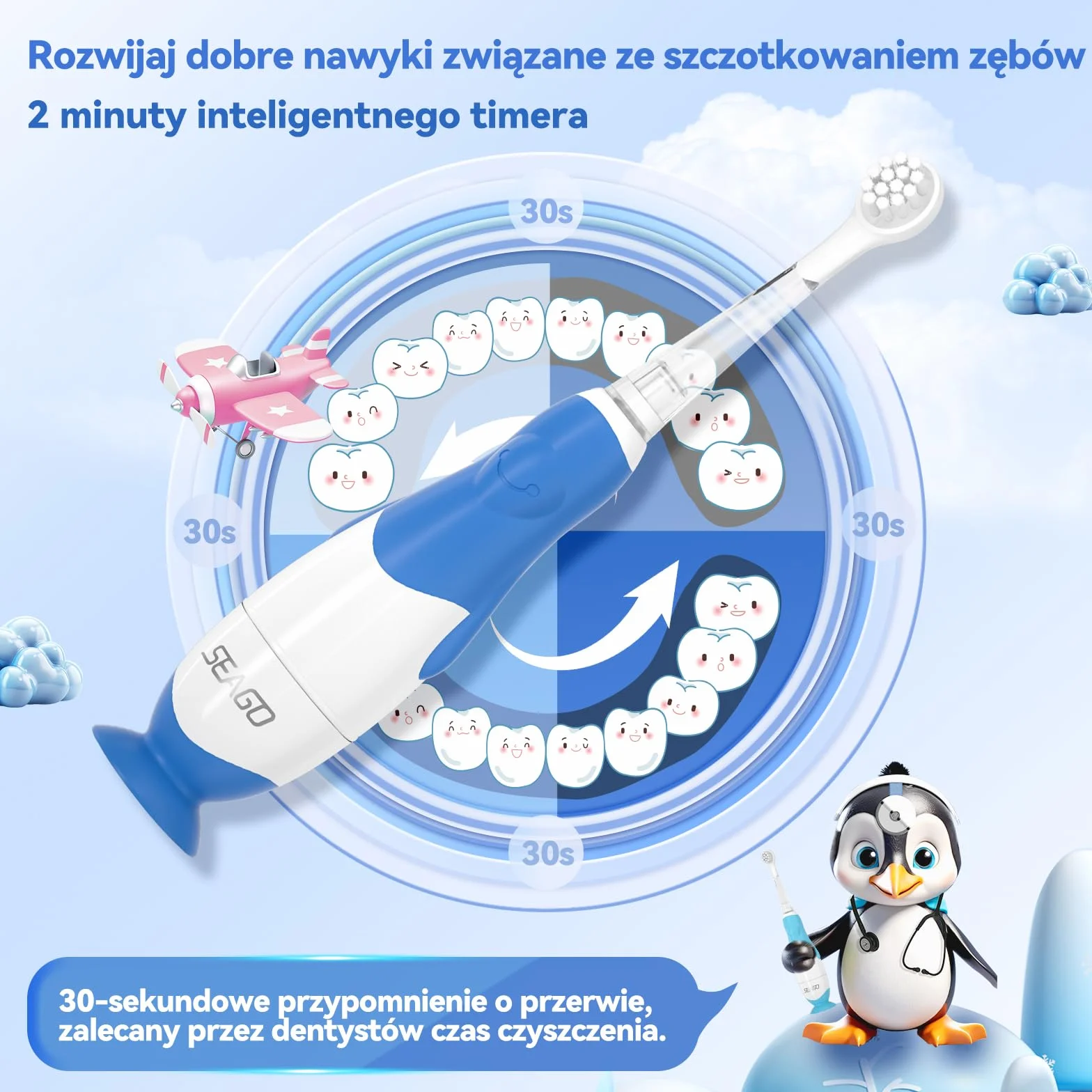 Seago Szczoteczka do zębów dla niemowląt w wieku 0-2-3 lat, elektryczna, dla małych dzieci, zasilana bateriami, soniczna szczoteczka do zębów z timerem, światłem LED i 4 miękkimi końcówkami