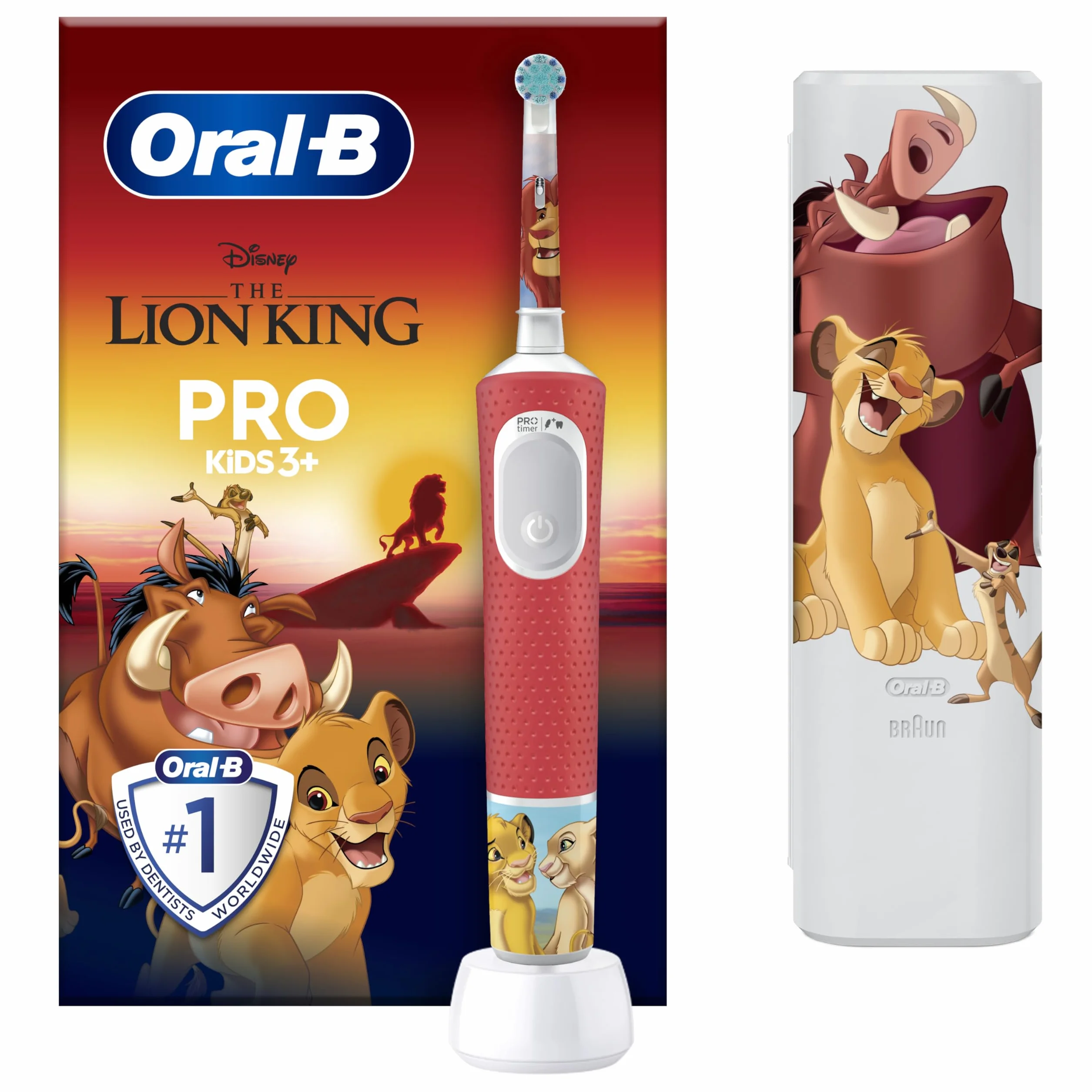 Oral-B Pro Kids Szczoteczka elektryczna Król Lew, 1 rączka szczoteczki dla dzieci Pro Kids, 1 ładowarka, 1 końcówka do szczoteczki, 1 etui podróżne, stworzona w technologii Braun