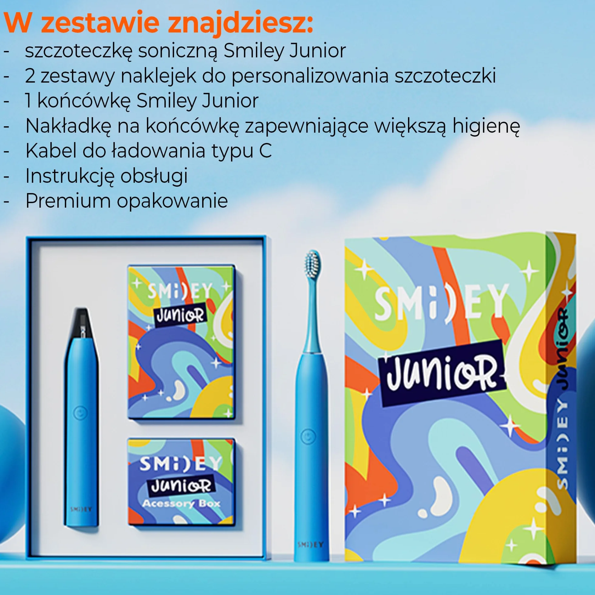 SMILEY Junior Elektryczna szczoteczka do zębów dla dzieci | Ultradźwiękowe szczoteczki soniczne do zębów | Szczoteczka do zębów dla dzieci i akcesoria: kabel USB-C i zestaw naklejek