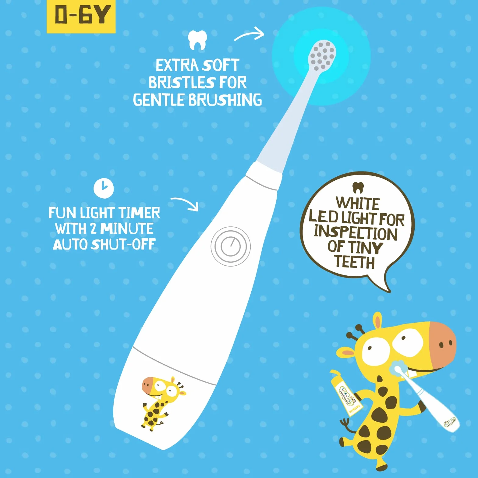 Jack N' Jill Kids Tickle Tooth Sonic Electric Toothbrush & Replacement Head, LED Brush Head With Light Timer & 30 Second Pulse Reminder, Suitable From 0-6 Years