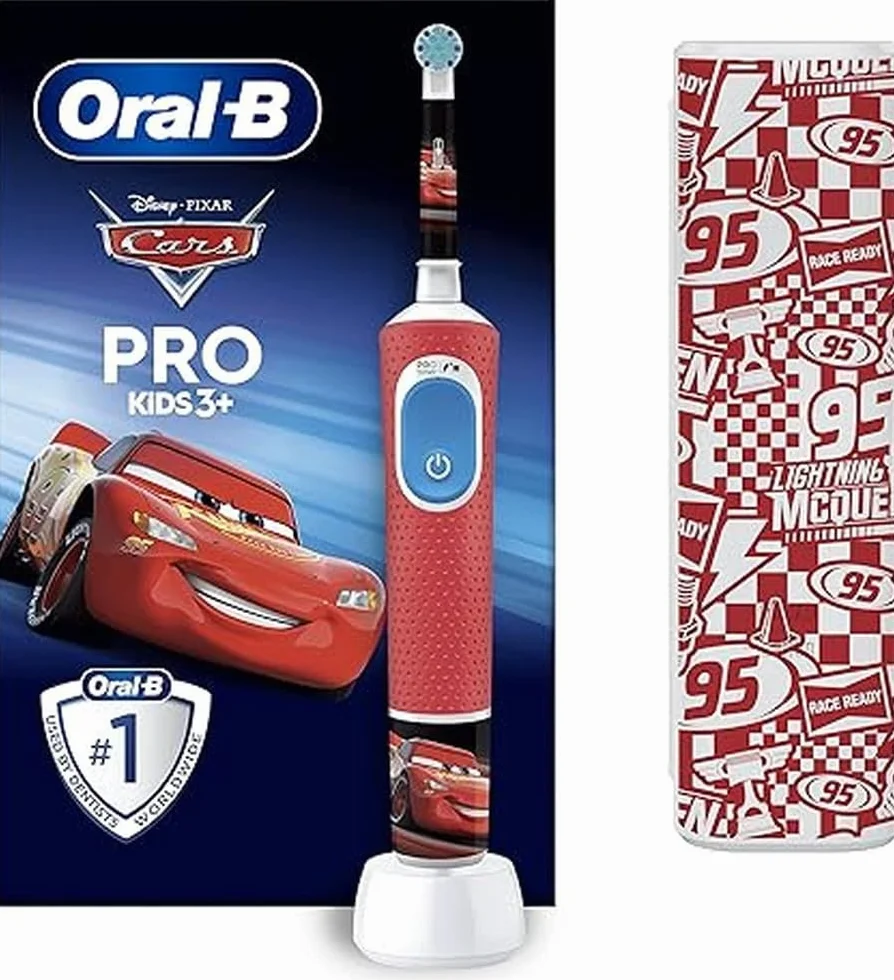 Oral-B Elektryczna szczoteczka do zębów Pro Kids dla dzieci, samochody Disneya, 1 miękka szczotka, 1 etui podróżne, timer i wibracje, akumulator do ładowania, 4 naklejki, 3 lata i więcej