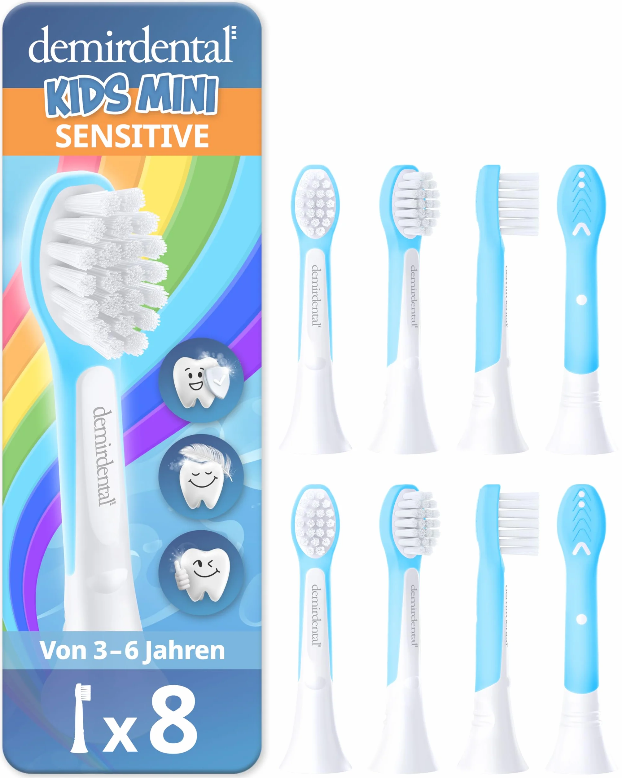 demirdental Szczotki zamienne dla dzieci, pasują do Philips Sonicare dla dzieci, Compact Mini, odpowiednie dla dzieci w wieku 3-6 lat, odpowiadają HX6034 HX6038, jasnoniebieskie, zestaw 8 sztuk