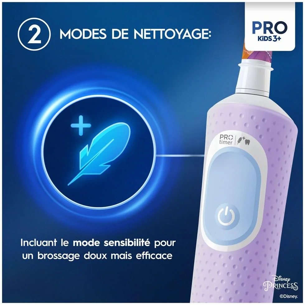 Oral-B Kids Prinzessin elektryczna szczoteczka do zębów dla dzieci od 3 lat, mała główka szczoteczki i miękkie włosie, 2 programy czyszczenia w tym Sensitiv, timer, 4 naklejki Disney, różowa