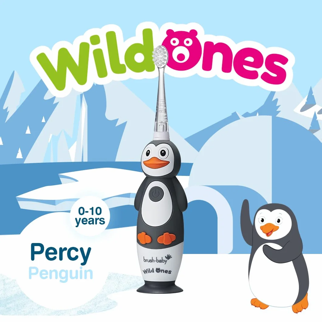 Brush-Baby WildOnes elektryczna szczoteczka do zębów dla dzieci, 1 uchwyt, 3 głowice, kabel do ładowania USB, dla dzieci w wieku 0-10 (pengiun)