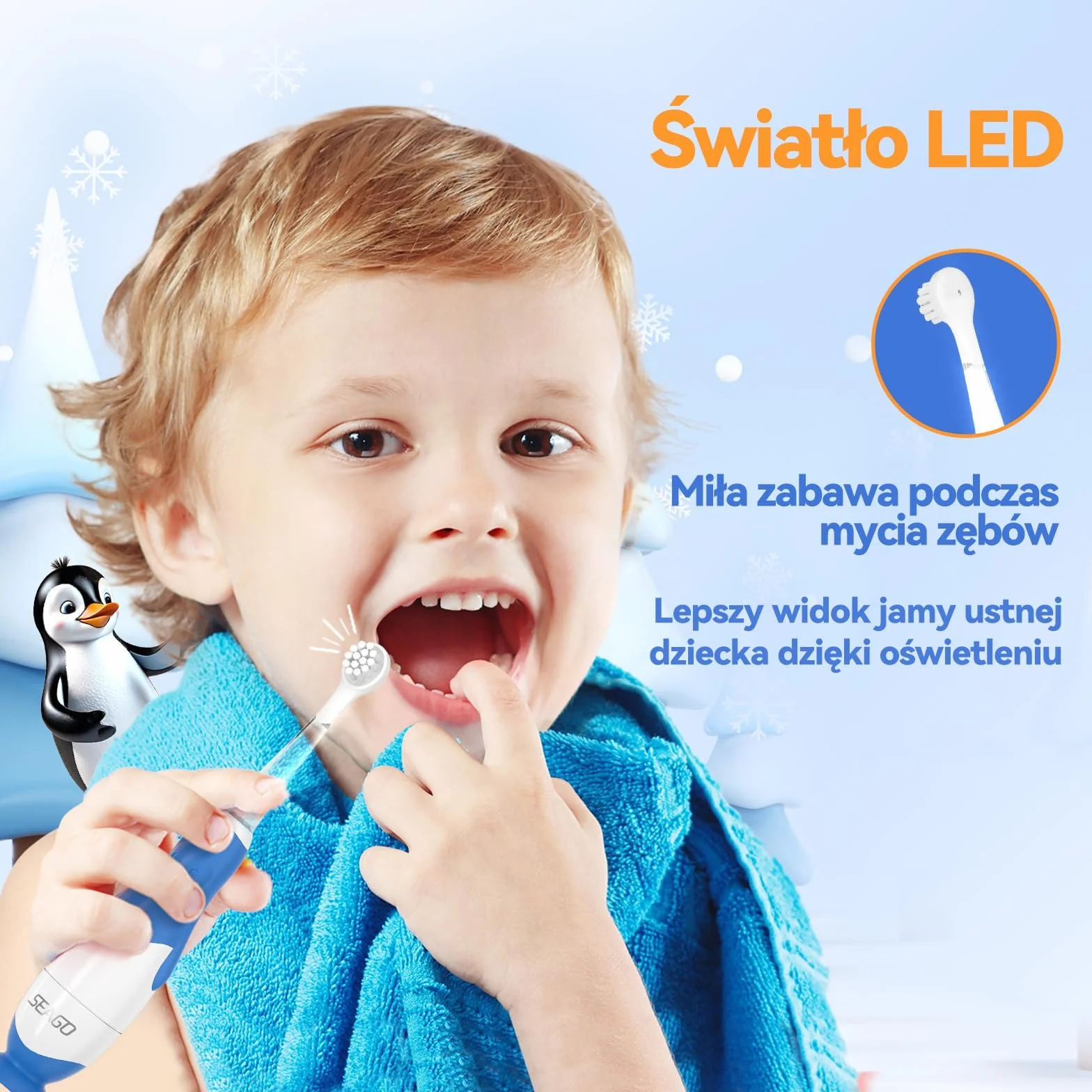Seago Szczoteczka do zębów dla niemowląt w wieku 0-2-3 lat, elektryczna, dla małych dzieci, zasilana bateriami, soniczna szczoteczka do zębów z timerem, światłem LED i 4 miękkimi końcówkami