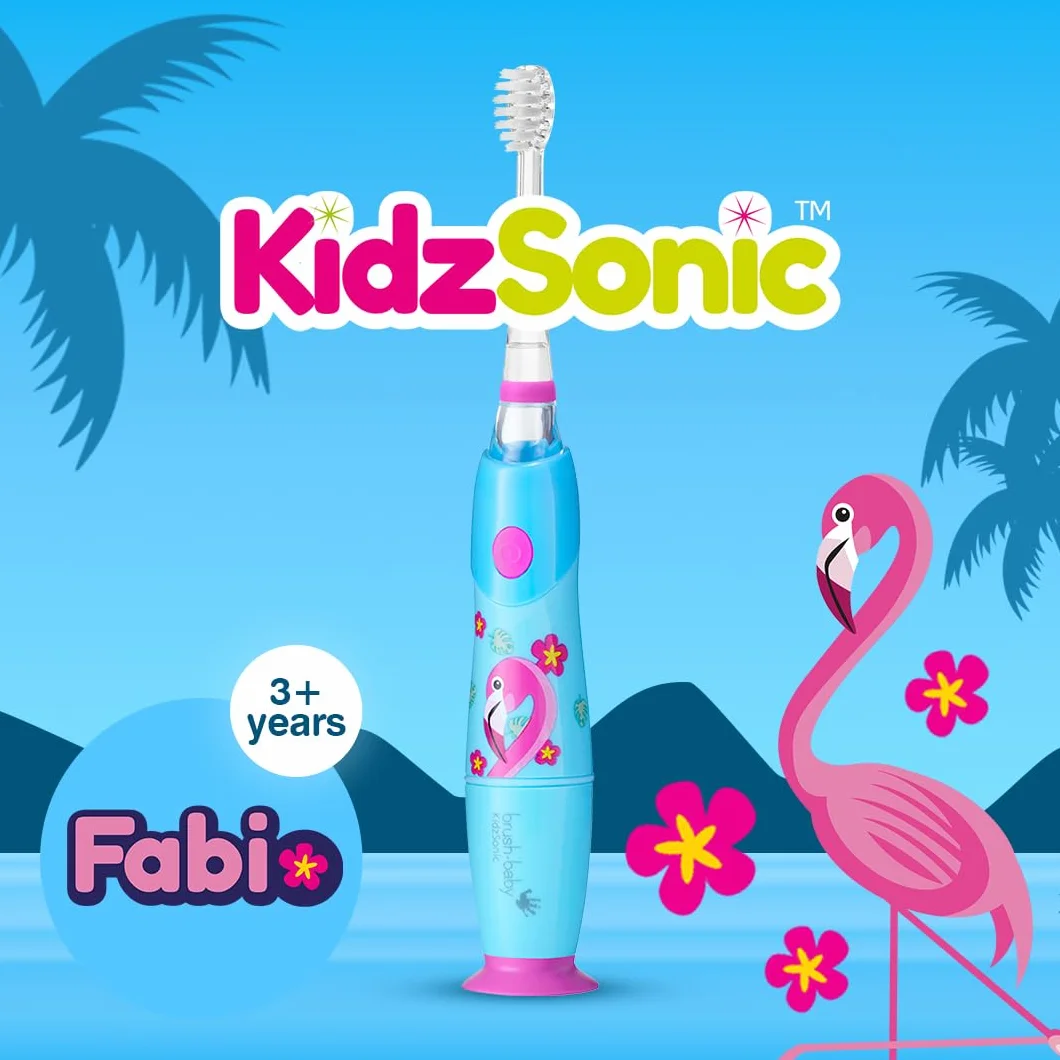 Brush-Baby Flamingo KidzSonic elektryczna szczoteczka do zębów dla dzieci, 3+ lata – włosie DeepClean, przyssawka – zabawne wzornictwo z migającymi lampkami dyskotekowymi – z 2 zapasowymi głowicami i