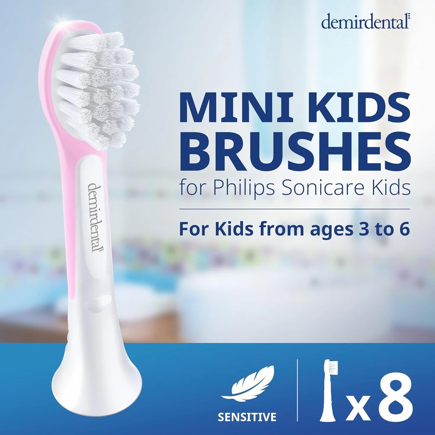 demirdental Szczotki zamienne dla dzieci, pasują do Philips Sonicare Kids Compact Mini, odpowiednie dla dzieci w wieku 3-6 lat, odpowiadają HX6034 HX6038, różowe, zestaw 8 sztuk