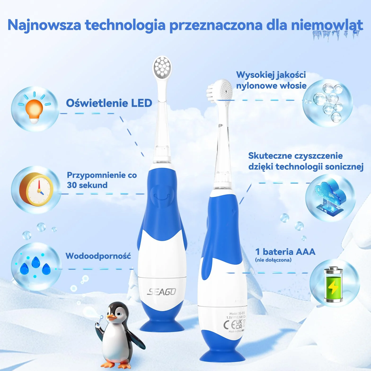 Seago Szczoteczka do zębów dla niemowląt w wieku 0-2-3 lat, elektryczna, dla małych dzieci, zasilana bateriami, soniczna szczoteczka do zębów z timerem, światłem LED i 4 miękkimi końcówkami