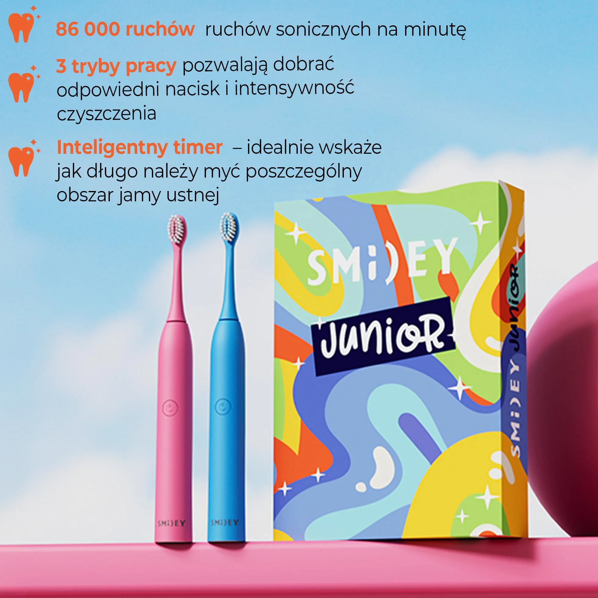 SMILEY Junior Elektryczna szczoteczka do zębów dla dzieci | Ultradźwiękowe szczoteczki soniczne do zębów | Szczoteczka do zębów dla dzieci i akcesoria: kabel USB-C i zestaw naklejek