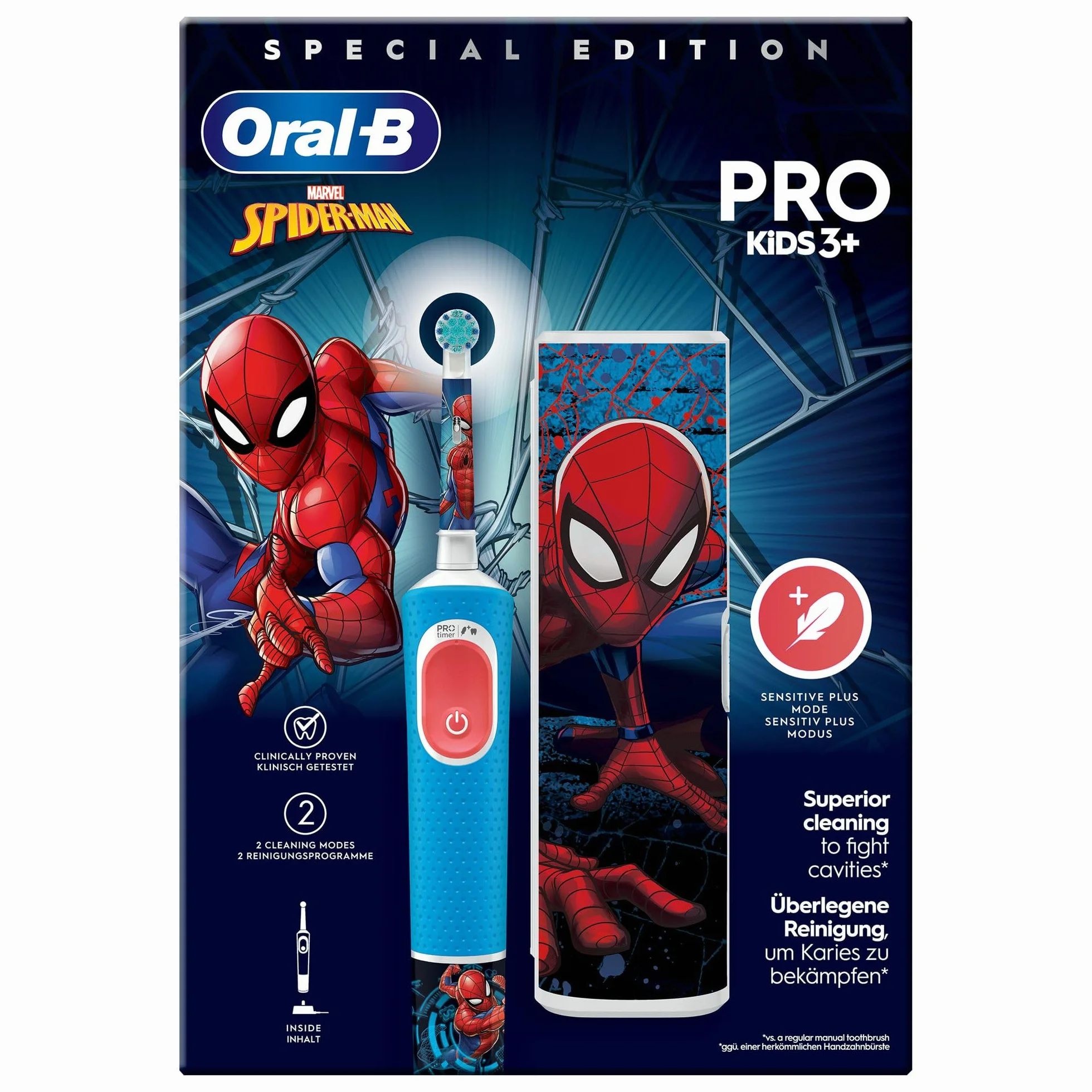 Elektryczna szczoteczka do zębów OralB Pro Kids dla dzieci, Spider-Man Marvel, 1 miękka szczotka, 1 etui podróżne, timer i wibracje, akumulator do ładowania, 4 naklejki, 3 lata i więcej (opakowanie