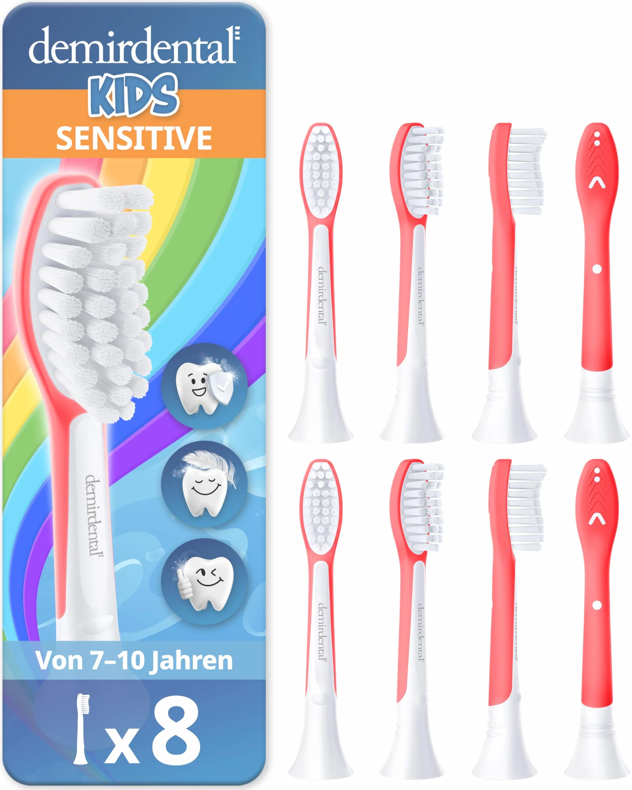 demirdental Główka szczoteczki do szczoteczki Philips Sonicare Kids dla dzieci, do pierwszych zębów stałych, dzieci w wieku 7-10 lat, zastępuje HX6048 HX6044, czerwona, zestaw 8 szt