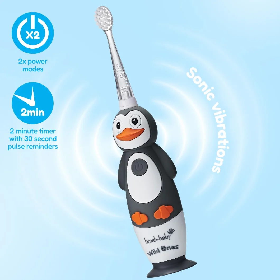 Brush-Baby WildOnes elektryczna szczoteczka do zębów dla dzieci, 1 uchwyt, 3 głowice, kabel do ładowania USB, dla dzieci w wieku 0-10 (pengiun)