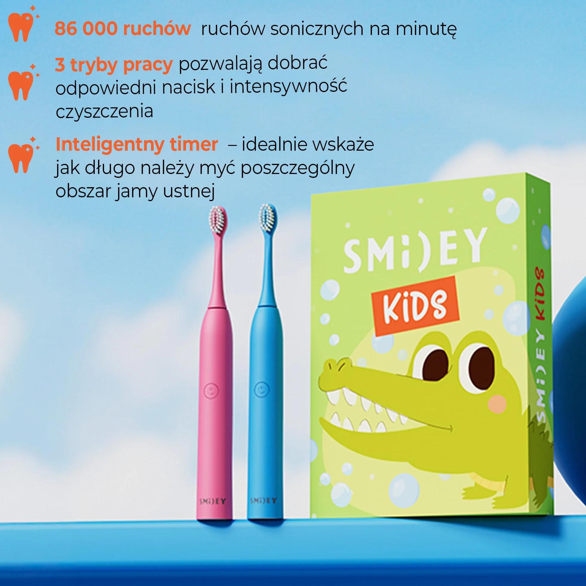 SMILEY Kids Elektryczna szczoteczka do zębów dla dzieci | Ultradźwiękowe szczoteczki soniczne do zębów | Szczoteczka do zębów dla dzieci i akcesoria: kabel USB-C i zestaw naklejek