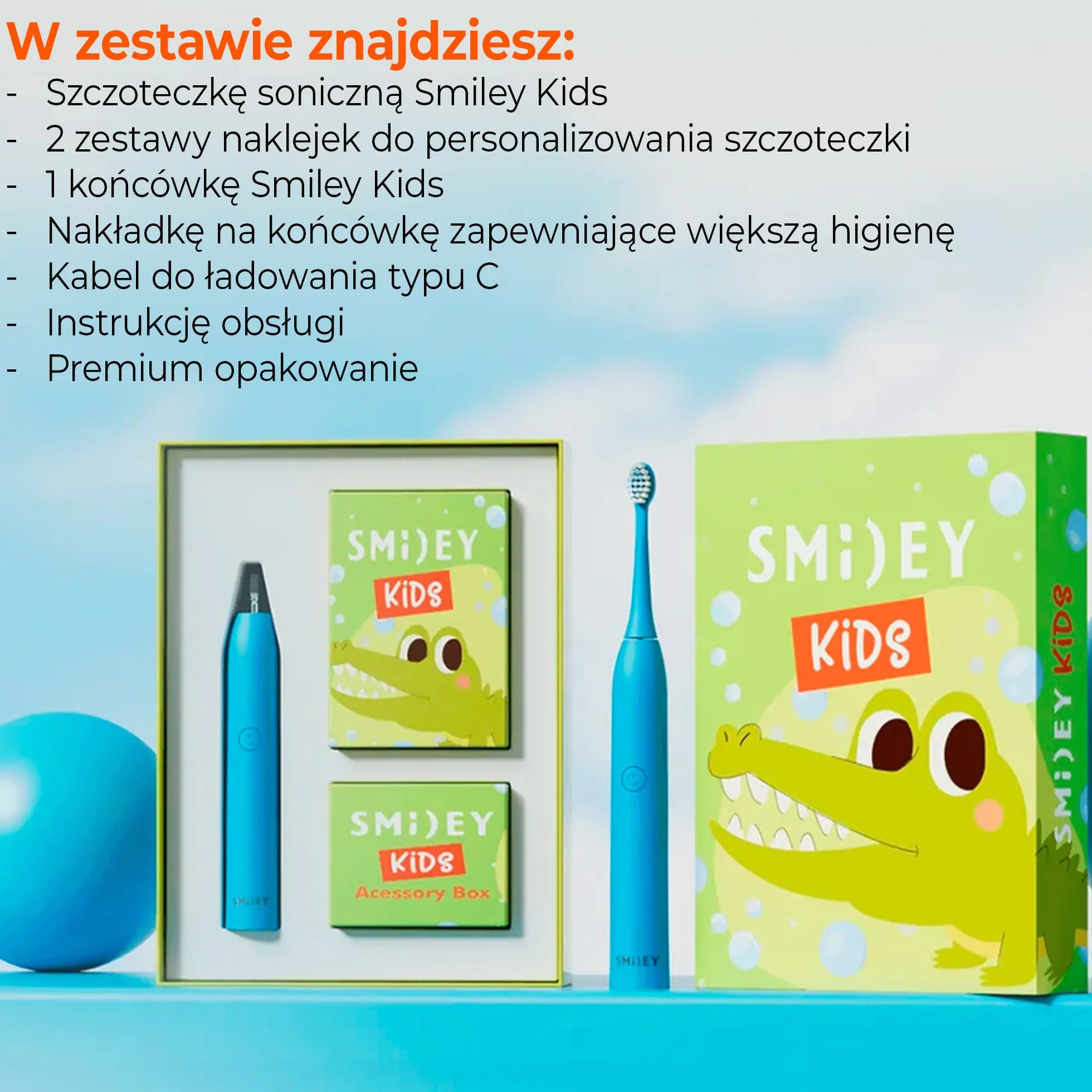 SMILEY Kids Elektryczna szczoteczka do zębów dla dzieci | Ultradźwiękowe szczoteczki soniczne do zębów | Szczoteczka do zębów dla dzieci i akcesoria: kabel USB-C i zestaw naklejek