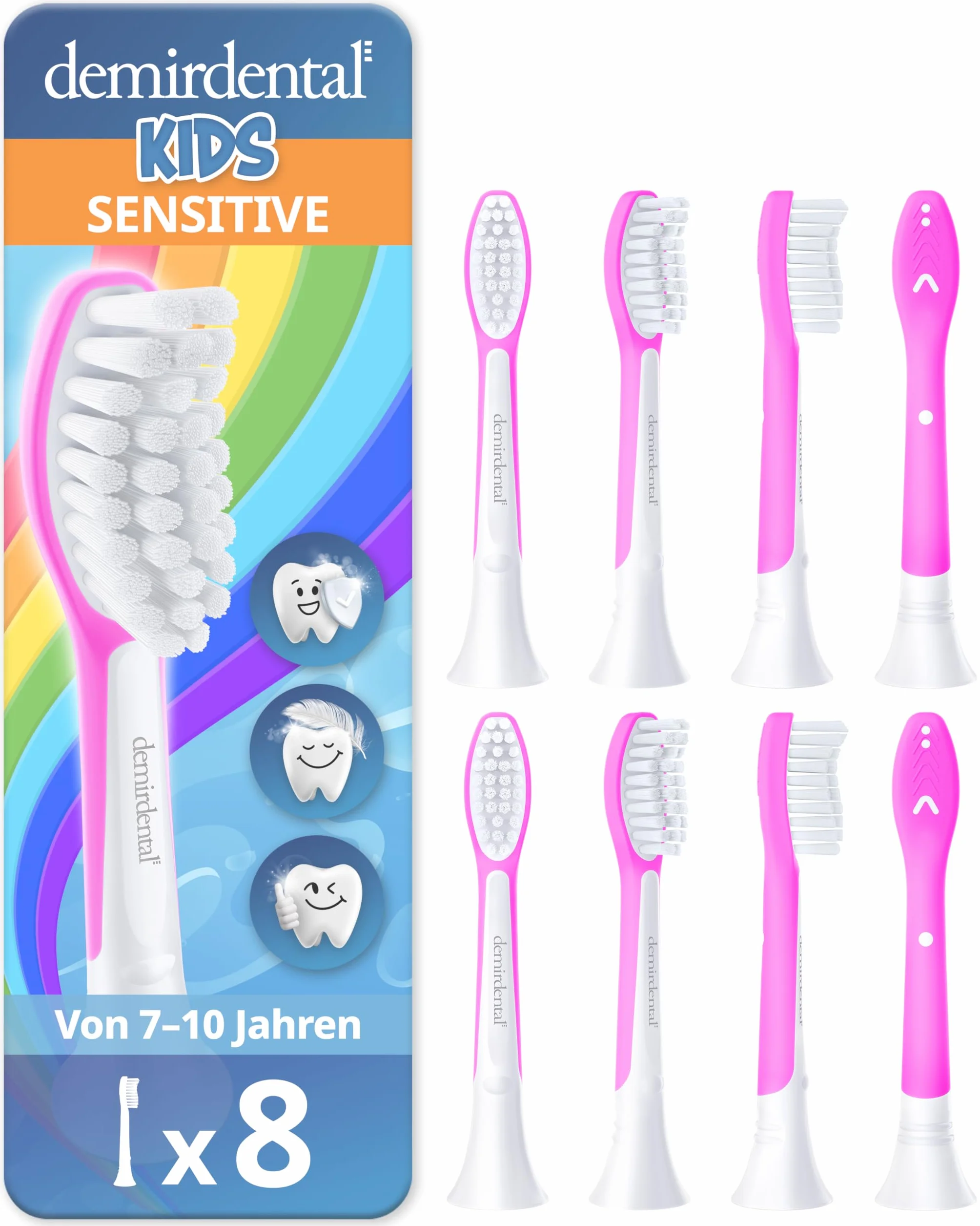 demirdental Philips Sonicare głowice dziecięce dla dzieci, pierwsze zęby stałe 7-10 lat, odpowiednik HX6048 HX6043, magenta, zestaw 8 szt