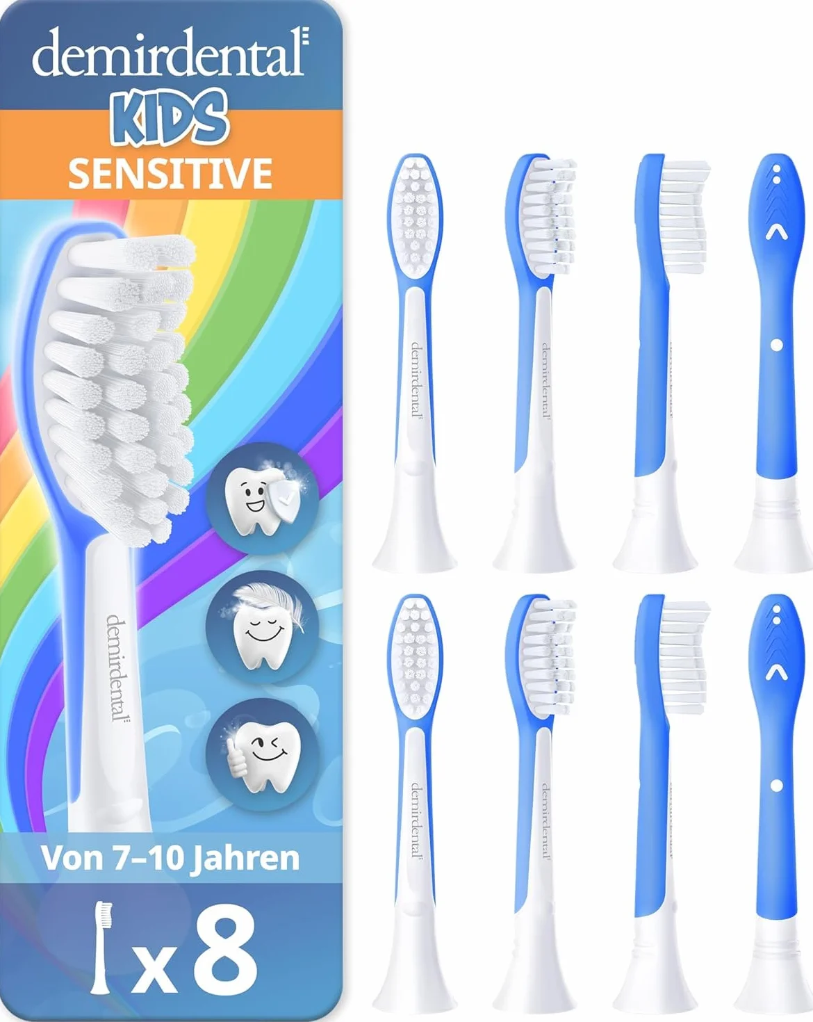 demirdental Główka szczoteczki do szczoteczki Philips Sonicare Kids dla dzieci, do pierwszych zębów stałych, dzieci w wieku 7-10 lat, zastępuje HX6048 HX6044, ciemnoniebieski, zestaw 8 szt