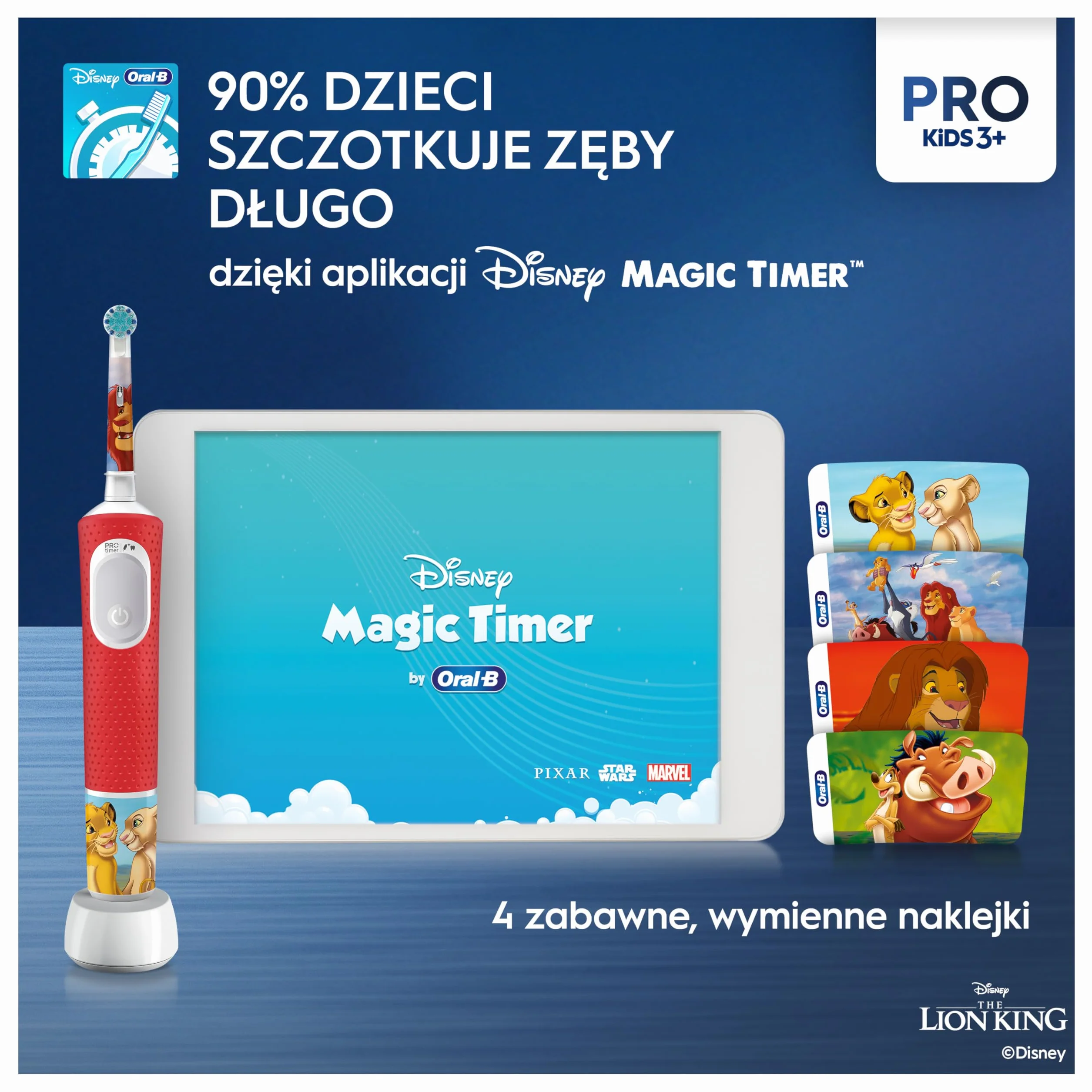 Oral-B Pro Kids Szczoteczka elektryczna Król Lew, 1 rączka szczoteczki dla dzieci Pro Kids, 1 ładowarka, 1 końcówka do szczoteczki, 1 etui podróżne, stworzona w technologii Braun