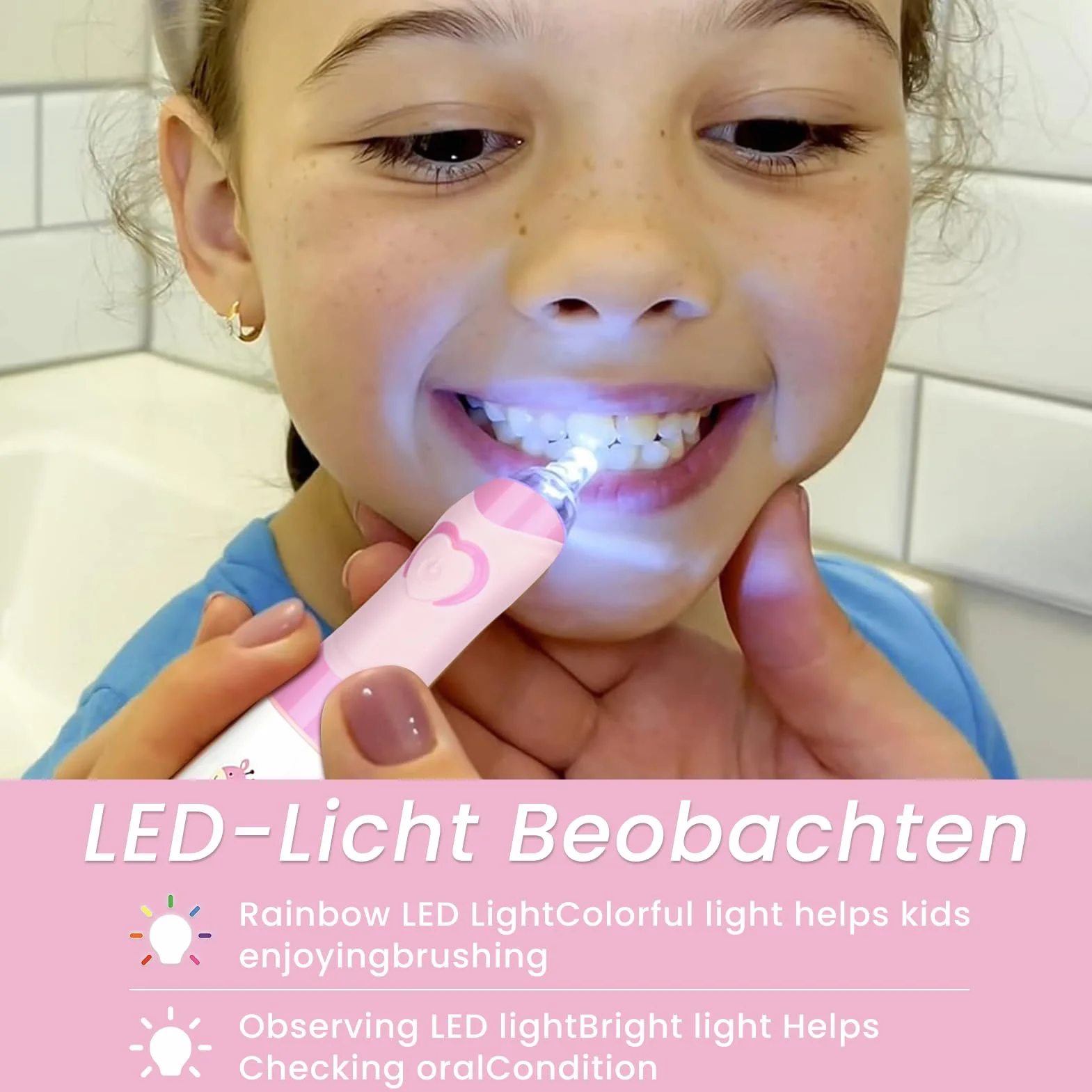 Seago Elektryczna szczoteczka do zębów dla dzieci, 3-5-6-12, małe szczoteczki do zębów z timerem, kolorowe tęczowe światło LED i 4 głowice dla młodszych chłopców, dziewcząt, zasilana bateriami