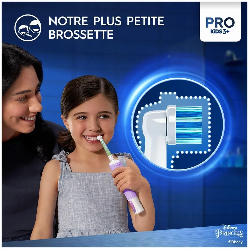 Oral-B Kids Prinzessin elektryczna szczoteczka do zębów dla dzieci od 3 lat, mała główka szczoteczki i miękkie włosie, 2 programy czyszczenia w tym Sensitiv, timer, 4 naklejki Disney, różowa