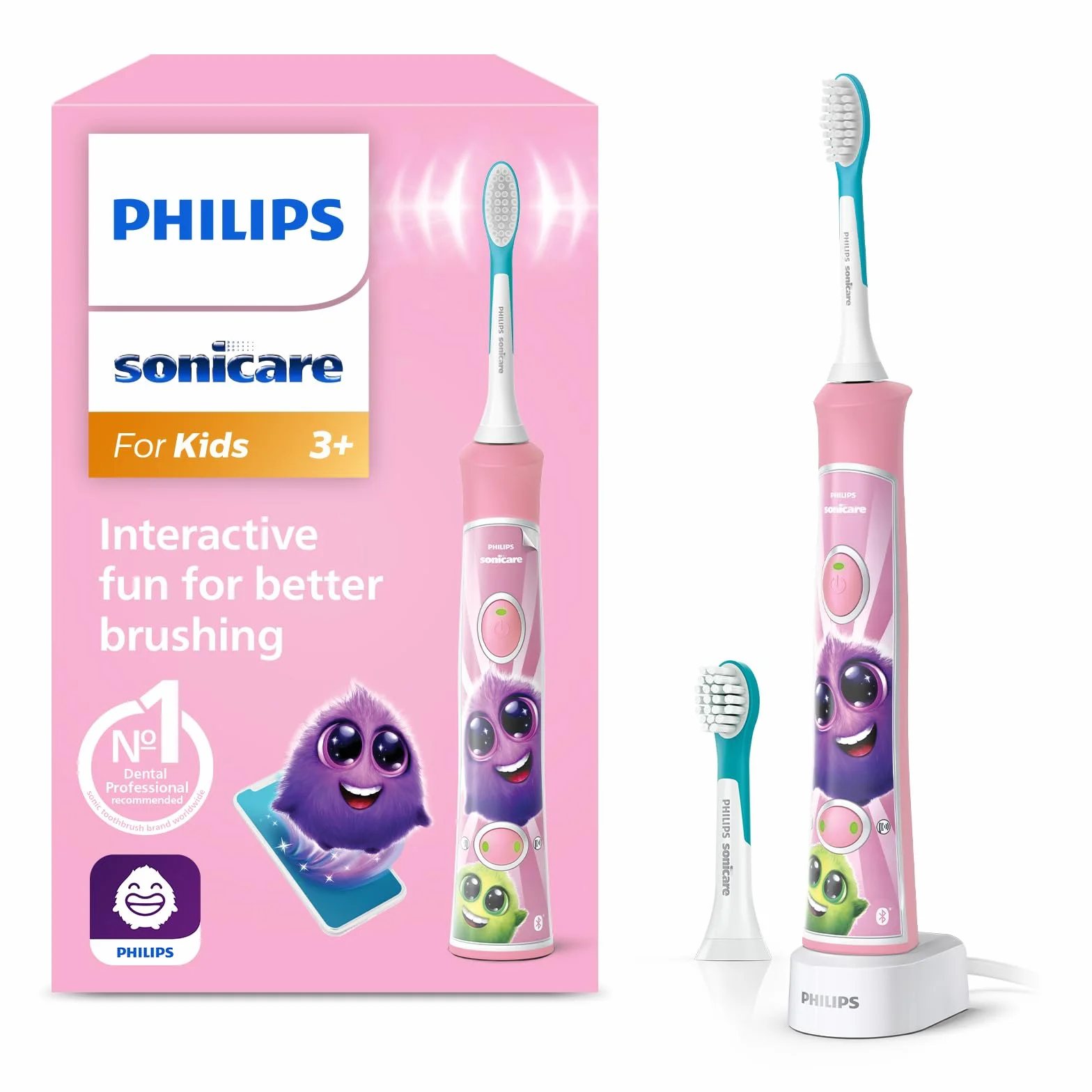 Philips Sonicare For Kids, elektryczna szczoteczka soniczna z aplikacją, dla dzieci w wieku od 3 lat, z funkcją SmarTimer i QuadPacer dla dokładnego czyszczenia, kolor różowy, model HX6352/42