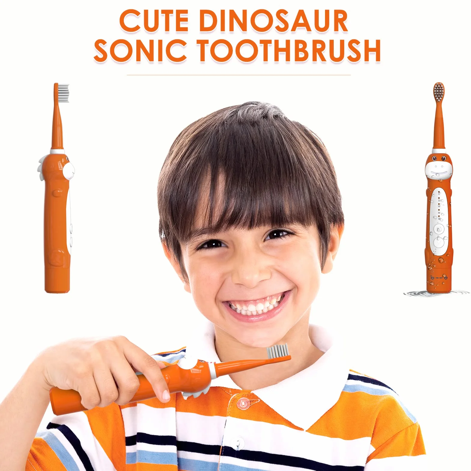 Szczoteczka do zębów dinozaura, dziecięca elektryczna szczoteczka do zębów Sonic dla dzieci, chłopcy dziewczęta w wieku 3-12, przypomnienie 30 sekund, zegar 2 minut, tryby 5, główki szczoteczki 6, akumulator, uchwyt ścienny (8680 Pomarańczowy + 6 główek s