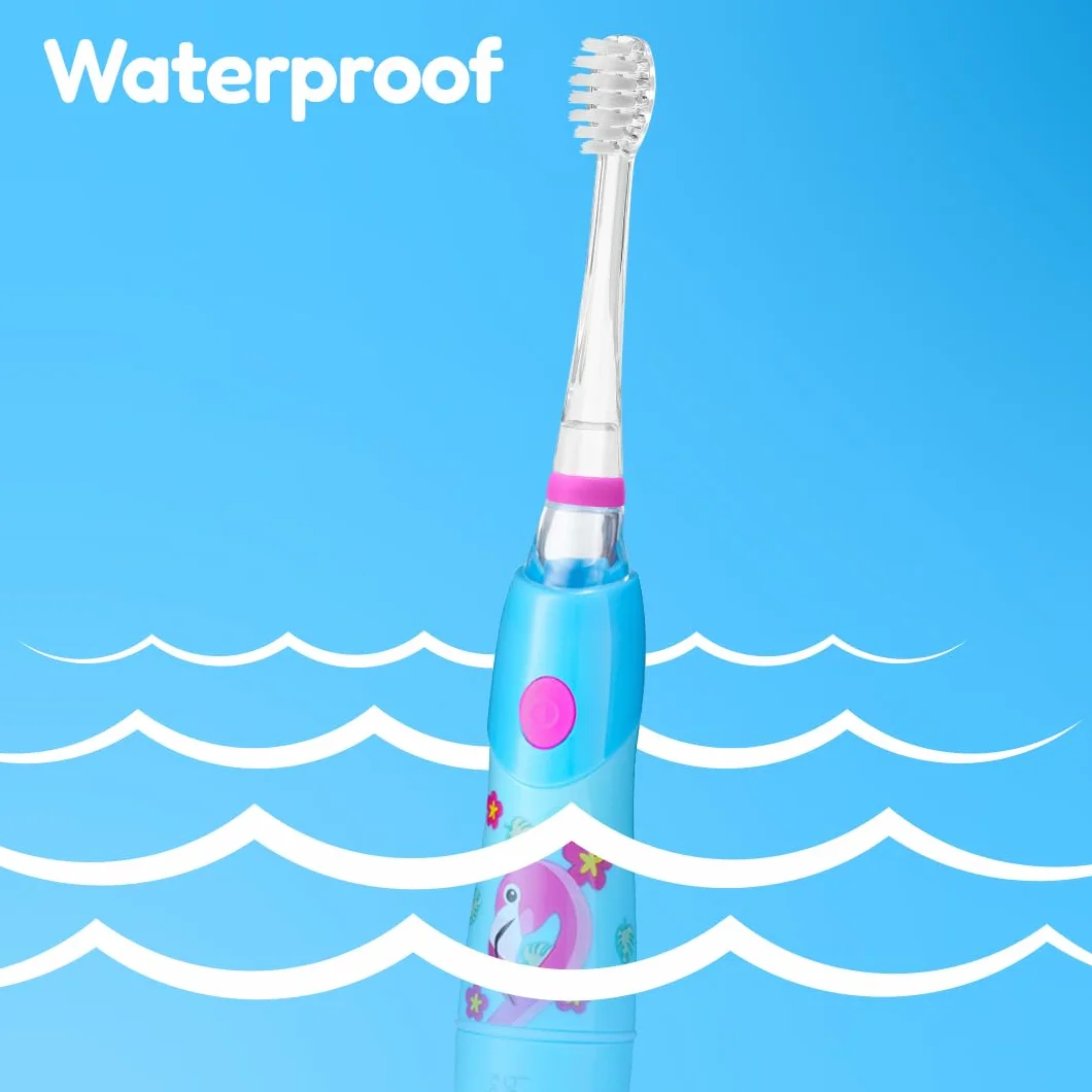 Brush-Baby Flamingo KidzSonic elektryczna szczoteczka do zębów dla dzieci, 3+ lata – włosie DeepClean, przyssawka – zabawne wzornictwo z migającymi lampkami dyskotekowymi – z 2 zapasowymi głowicami i