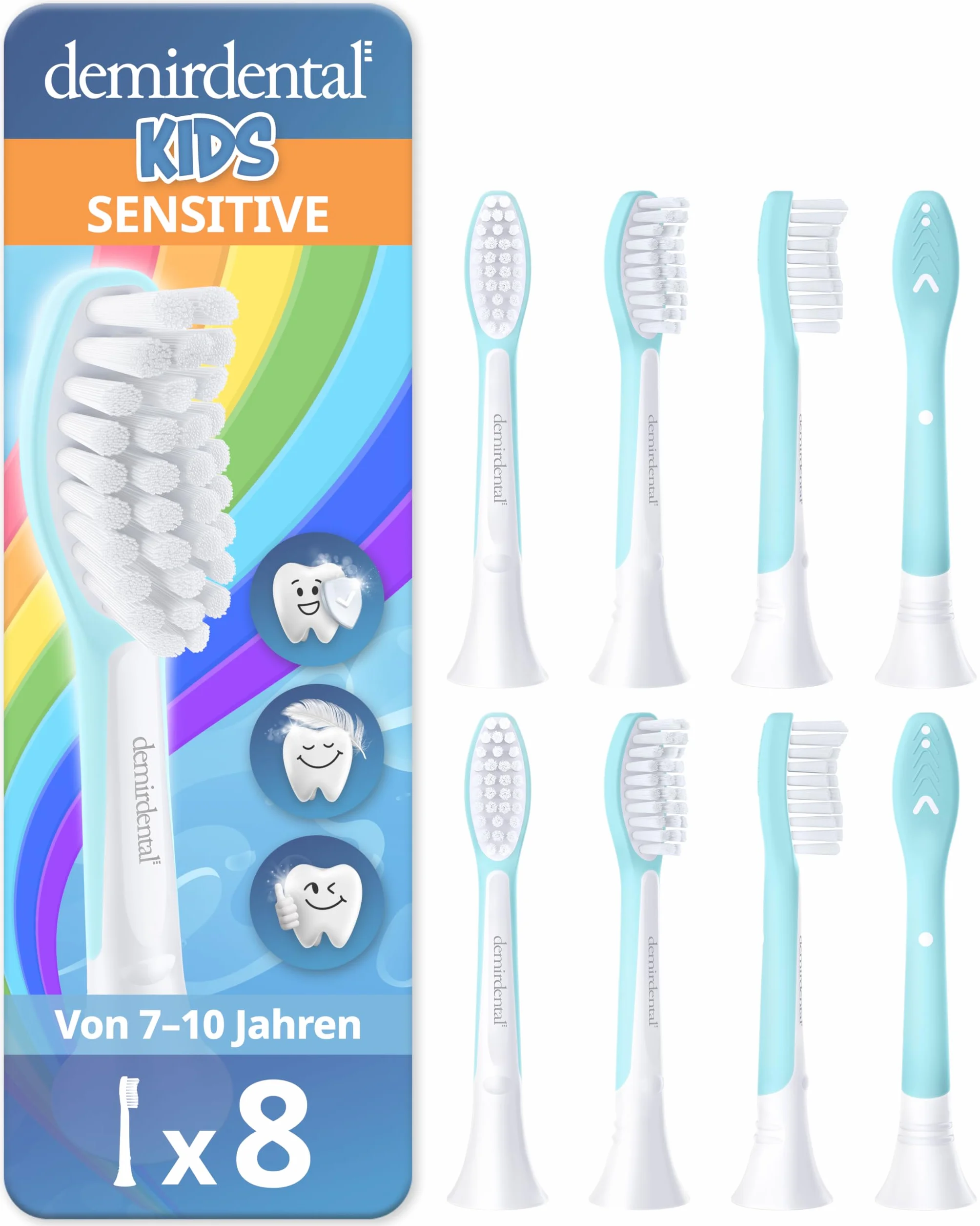 demirdental Szczotki zamienne dla dzieci, pasują do Philips Sonicare Kids, odpowiednie dla dzieci w wieku 7-10 lat, odpowiadają HX6044 HX6048, turkusowe, zestaw 8 sztuk