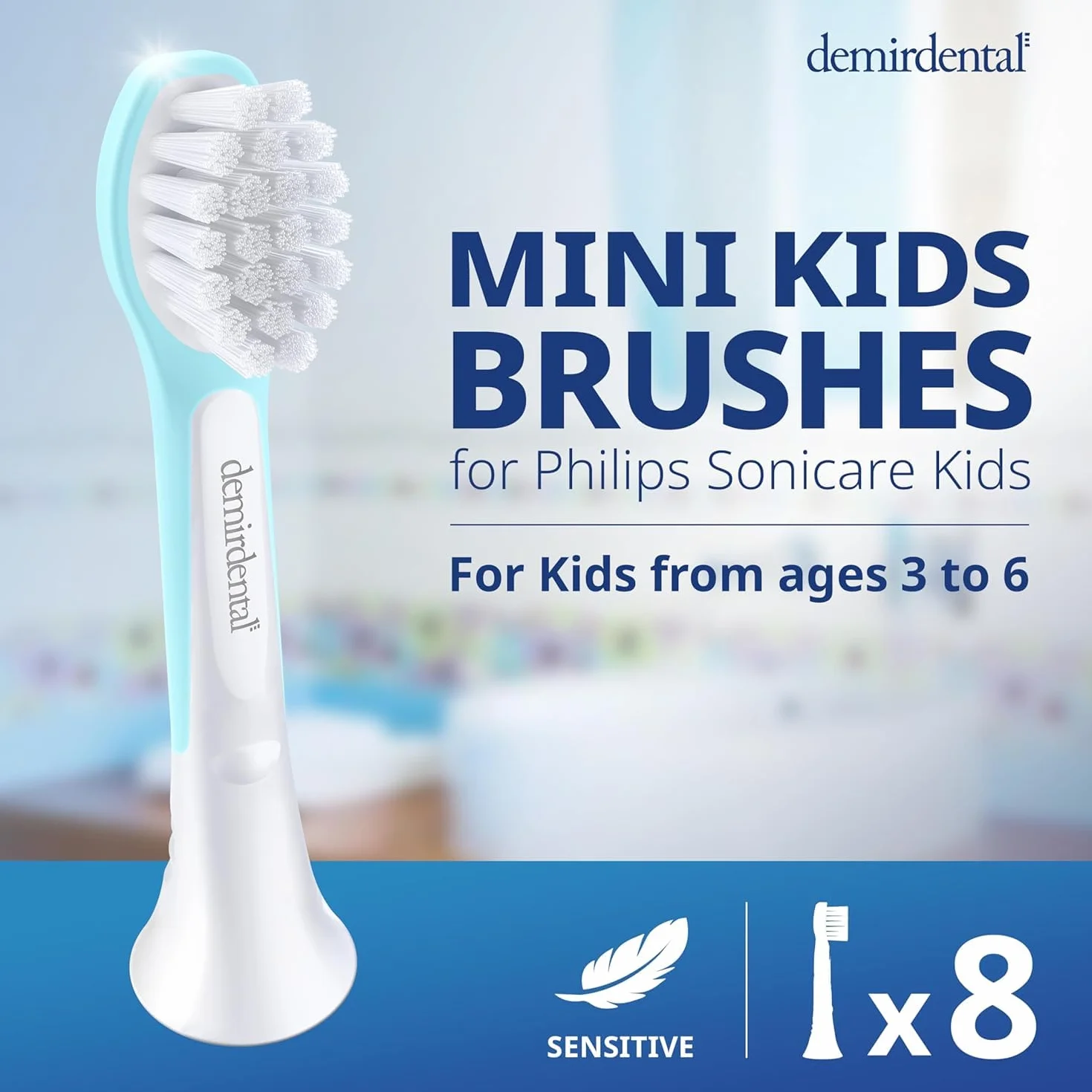 demirdental Szczotki zamienne dla dzieci, pasują do Philips Sonicare Kids Compact Mini, odpowiednie dla dzieci w wieku 3-6 lat, odpowiadają HX6034 HX6038, turkusowe, zestaw 8 sztuk