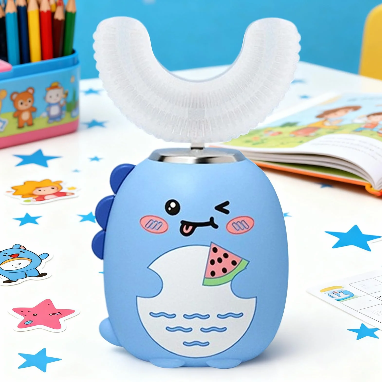 Kids Auto Toothbrush - Cartoon Waterproof U Shaped Electric Brush for Ages 2-6 | 3 Modes with Timer, Orals Cleaning Tool for Boys Girls Encouraging Brushing Habits Preventing Cavities Daily Care