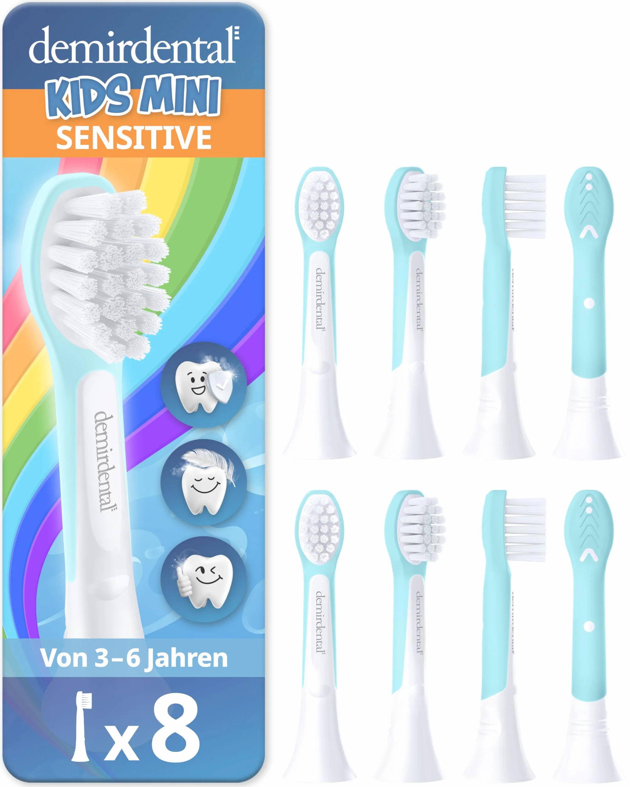demirdental Szczotki zamienne dla dzieci, pasują do Philips Sonicare Kids Compact Mini, odpowiednie dla dzieci w wieku 3-6 lat, odpowiadają HX6034 HX6038, turkusowe, zestaw 8 sztuk