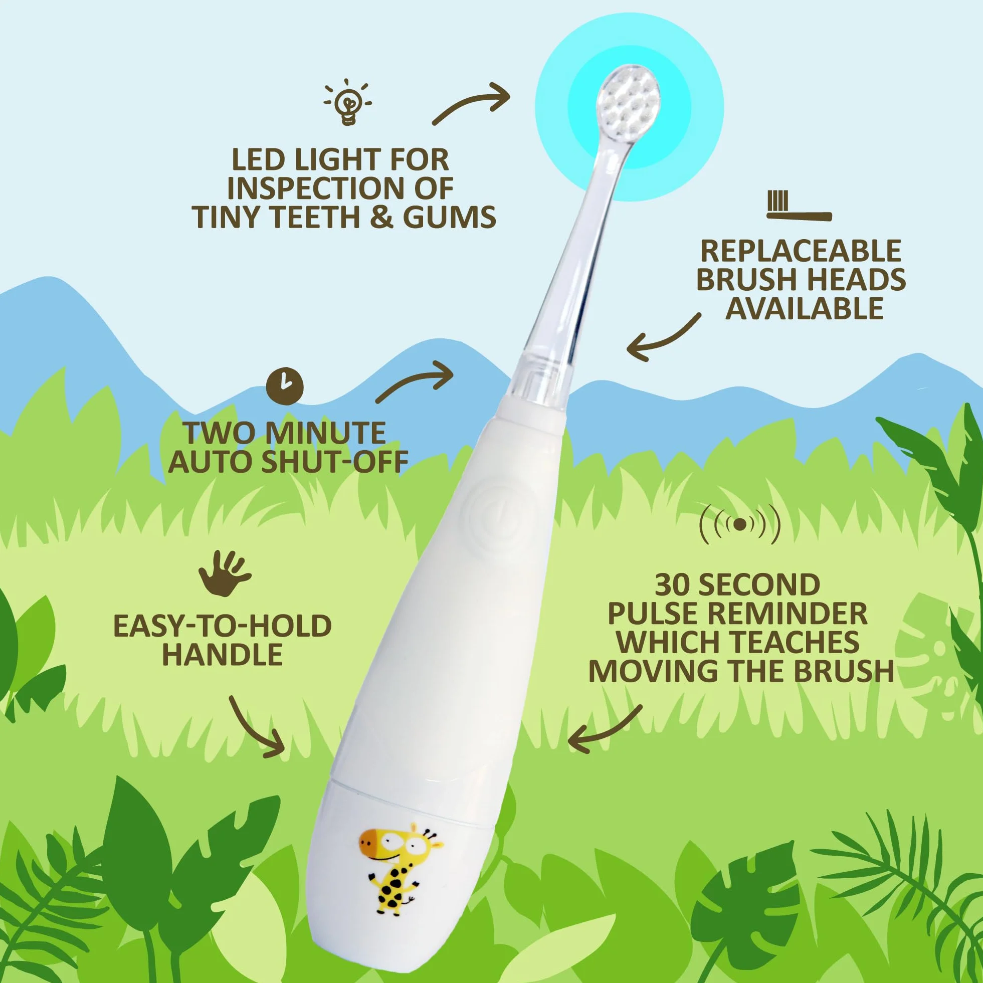 Jack N' Jill Kids Tickle Tooth Sonic Electric Toothbrush & Replacement Head, LED Brush Head With Light Timer & 30 Second Pulse Reminder, Suitable From 0-6 Years