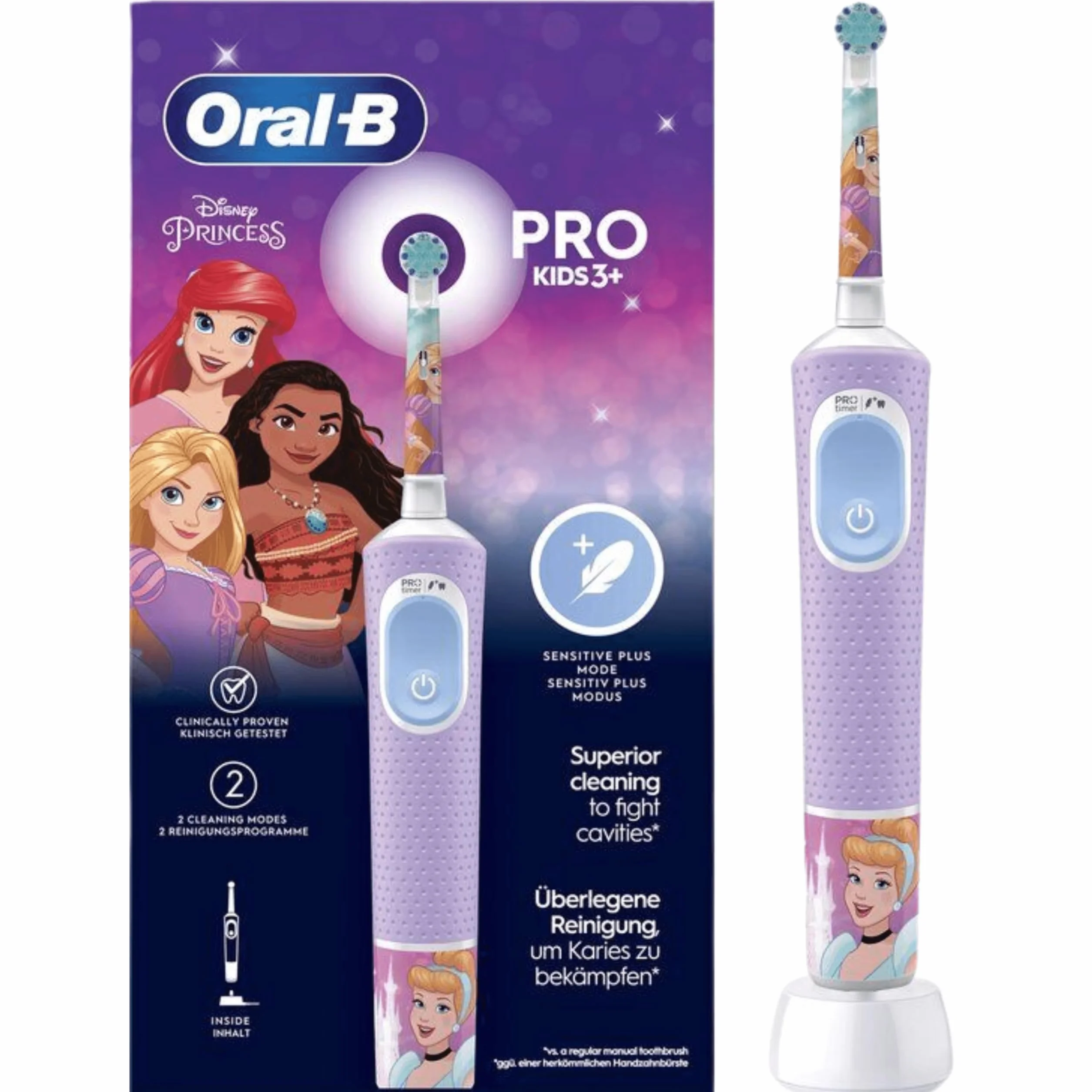 Oral-B Pro Kids Princess elektryczna szczoteczka do zębów, dla dzieci od 3 lat, w zestawie tryb Sensitiv+ do pielęgnacji zębów, bardzo miękkie włosie, 1 szczoteczka, 4 naklejki, fioletowy/niebieski