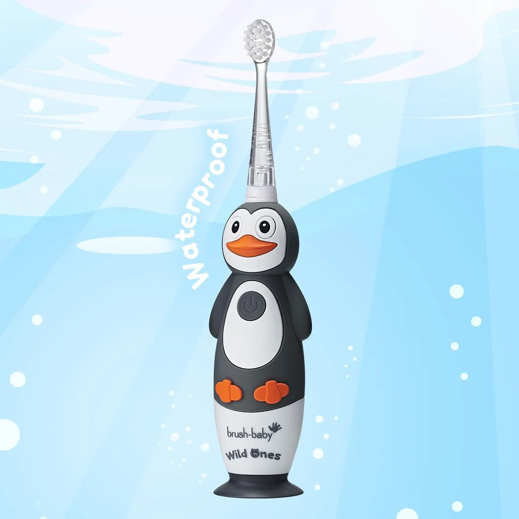 Brush-Baby WildOnes elektryczna szczoteczka do zębów dla dzieci, 1 uchwyt, 3 głowice, kabel do ładowania USB, dla dzieci w wieku 0-10 (pengiun)