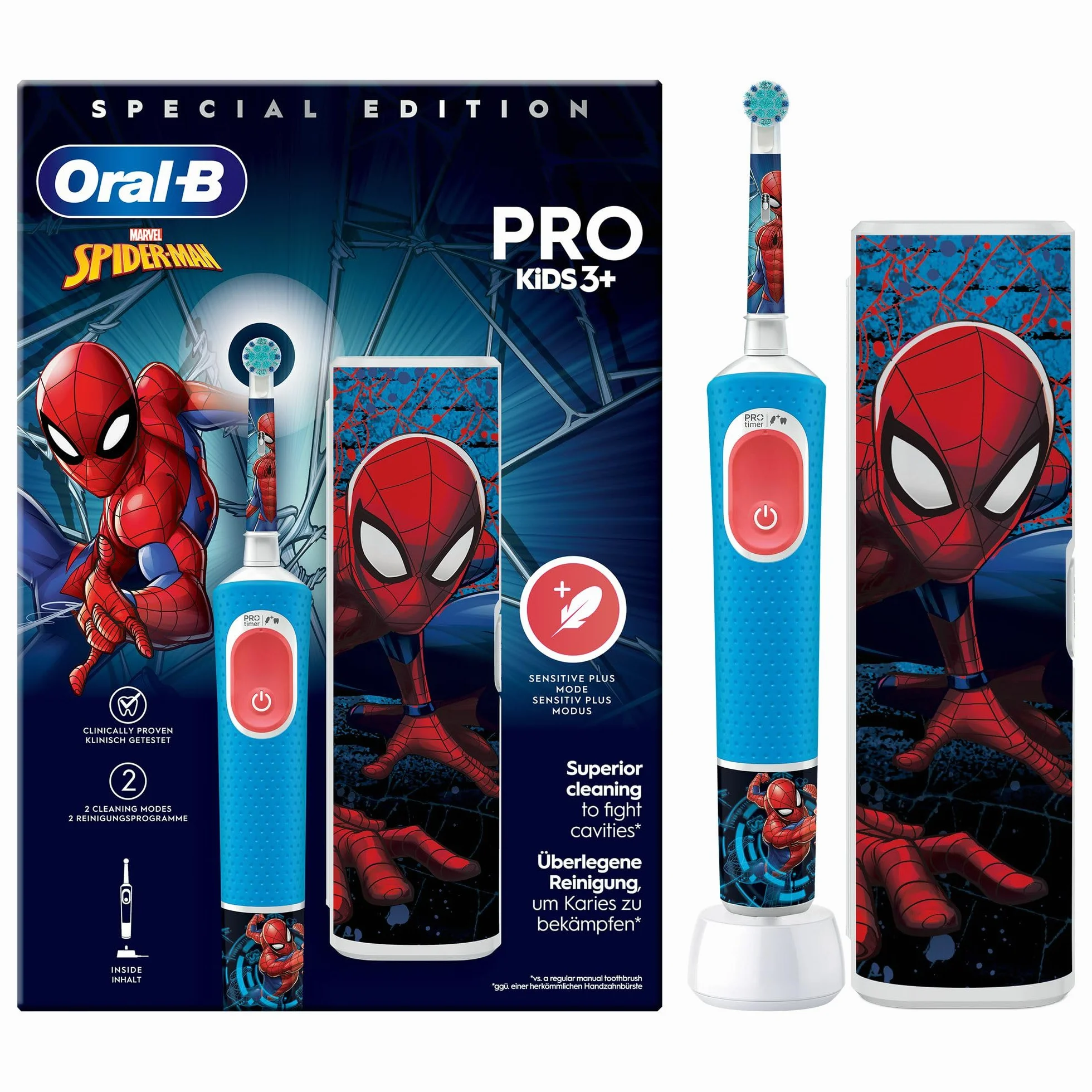 Elektryczna szczoteczka do zębów OralB Pro Kids dla dzieci, Spider-Man Marvel, 1 miękka szczotka, 1 etui podróżne, timer i wibracje, akumulator do ładowania, 4 naklejki, 3 lata i więcej (opakowanie