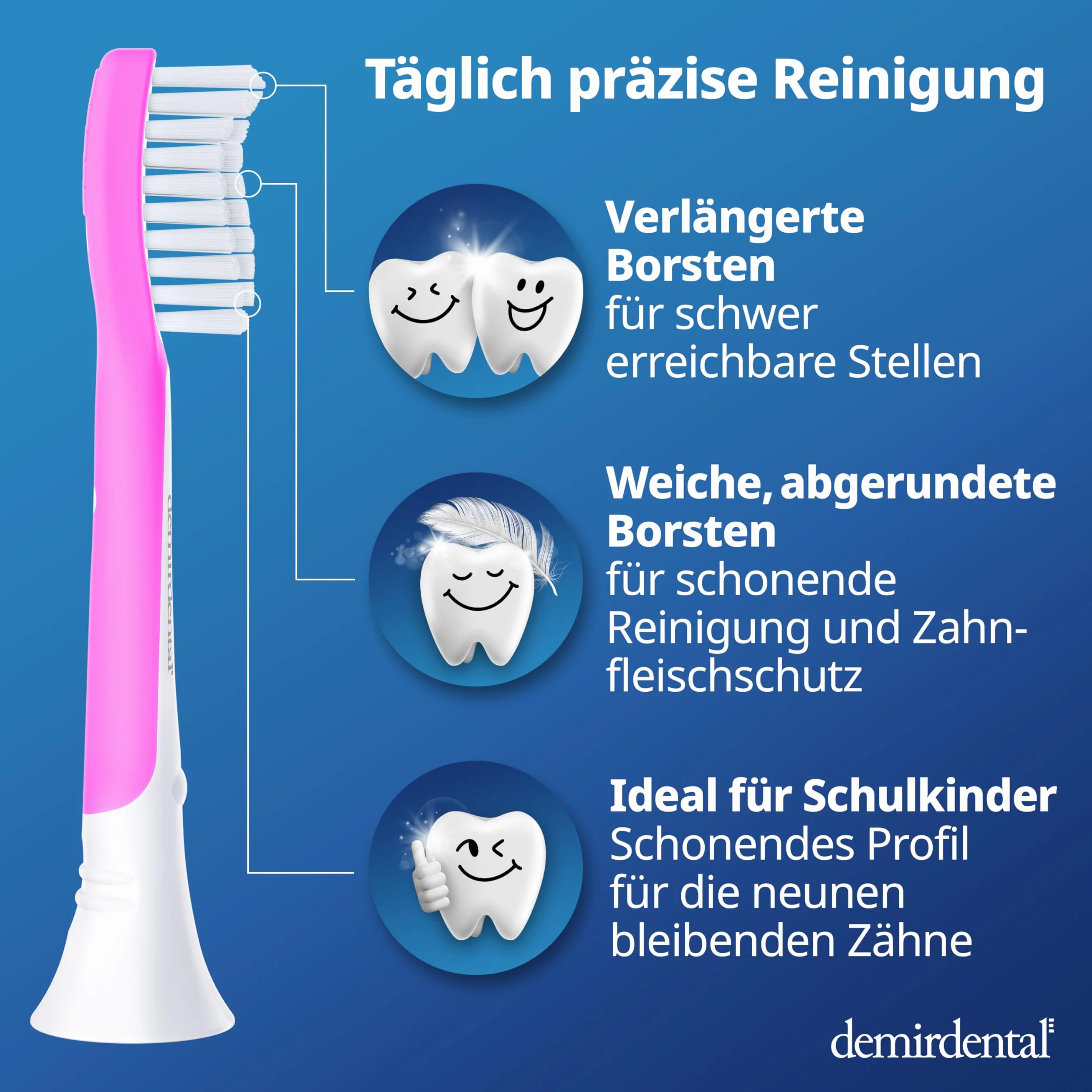 demirdental Philips Sonicare głowice dziecięce dla dzieci, pierwsze zęby stałe 7-10 lat, odpowiednik HX6048 HX6043, magenta, zestaw 8 szt
