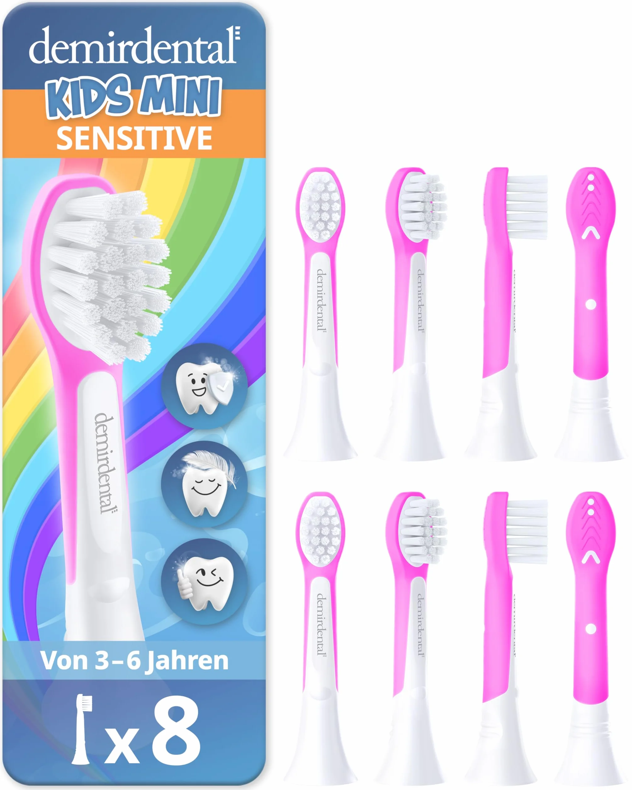 demirdental Szczotki zamienne dla dzieci, pasują do Philips Sonicare Kids Compact Mini, odpowiednie dla dzieci w wieku 3-6 lat, odpowiadają HX6034 HX6038, kolor magenta, zestaw 8 sztuk