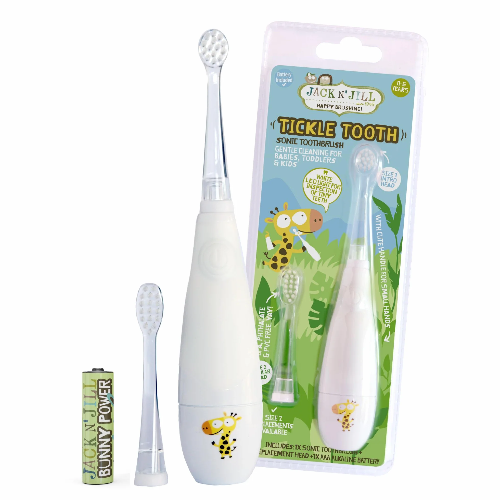 Jack N' Jill Kids Tickle Tooth Sonic Electric Toothbrush & Replacement Head, LED Brush Head With Light Timer & 30 Second Pulse Reminder, Suitable From 0-6 Years