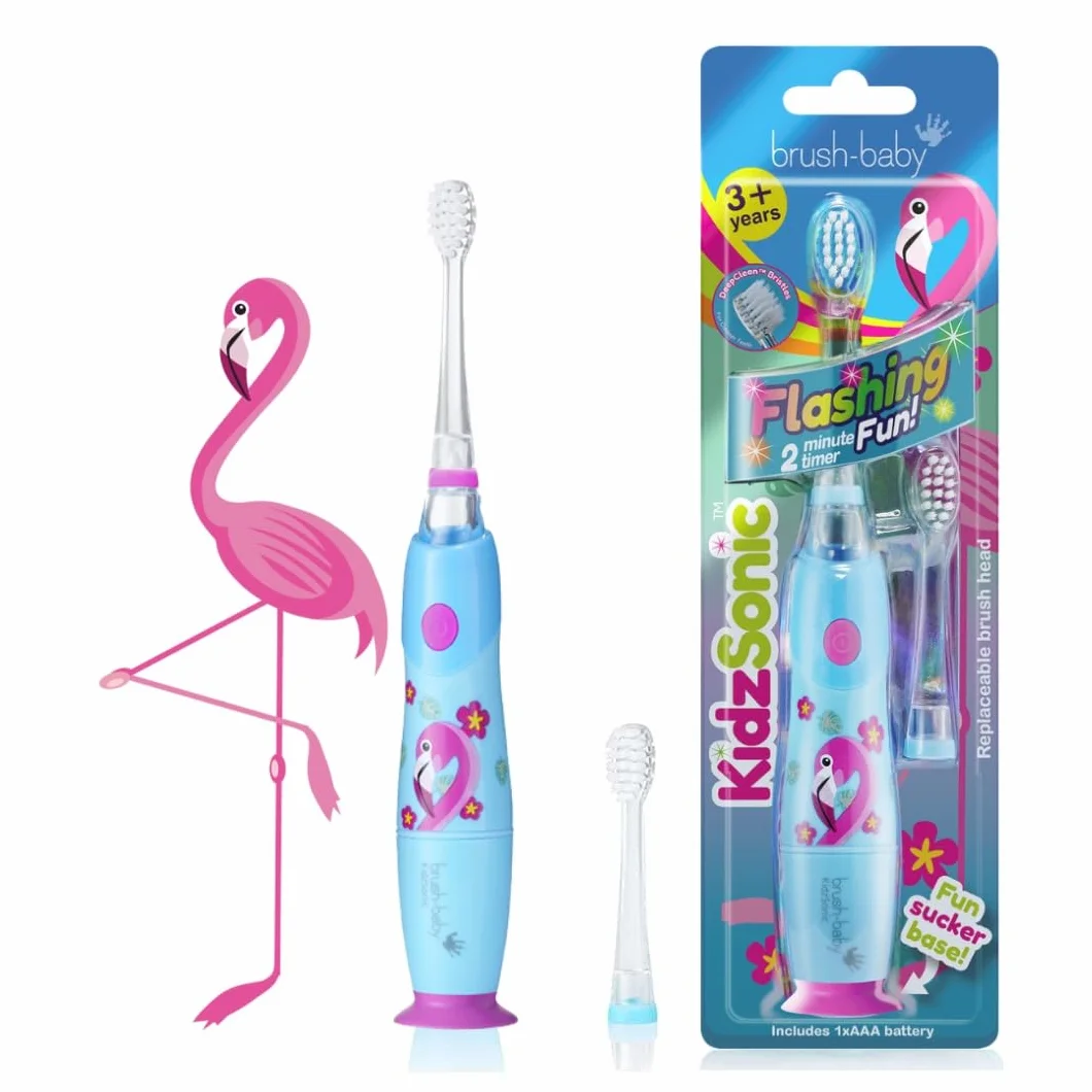 Brush-Baby Flamingo KidzSonic elektryczna szczoteczka do zębów dla dzieci, 3+ lata – włosie DeepClean, przyssawka – zabawne wzornictwo z migającymi lampkami dyskotekowymi – z 2 zapasowymi głowicami i