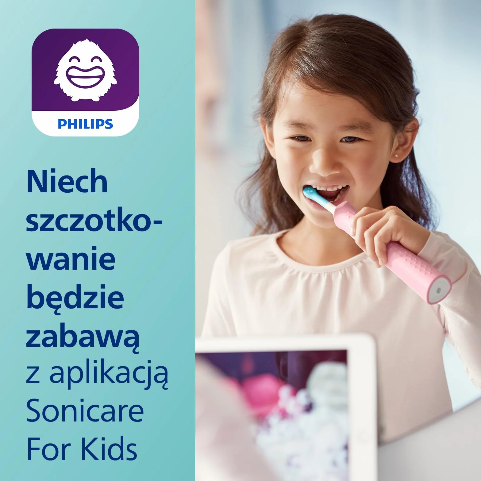 Philips Sonicare For Kids, elektryczna szczoteczka soniczna z aplikacją, dla dzieci w wieku od 3 lat, z funkcją SmarTimer i QuadPacer dla dokładnego czyszczenia, kolor różowy, model HX6352/42