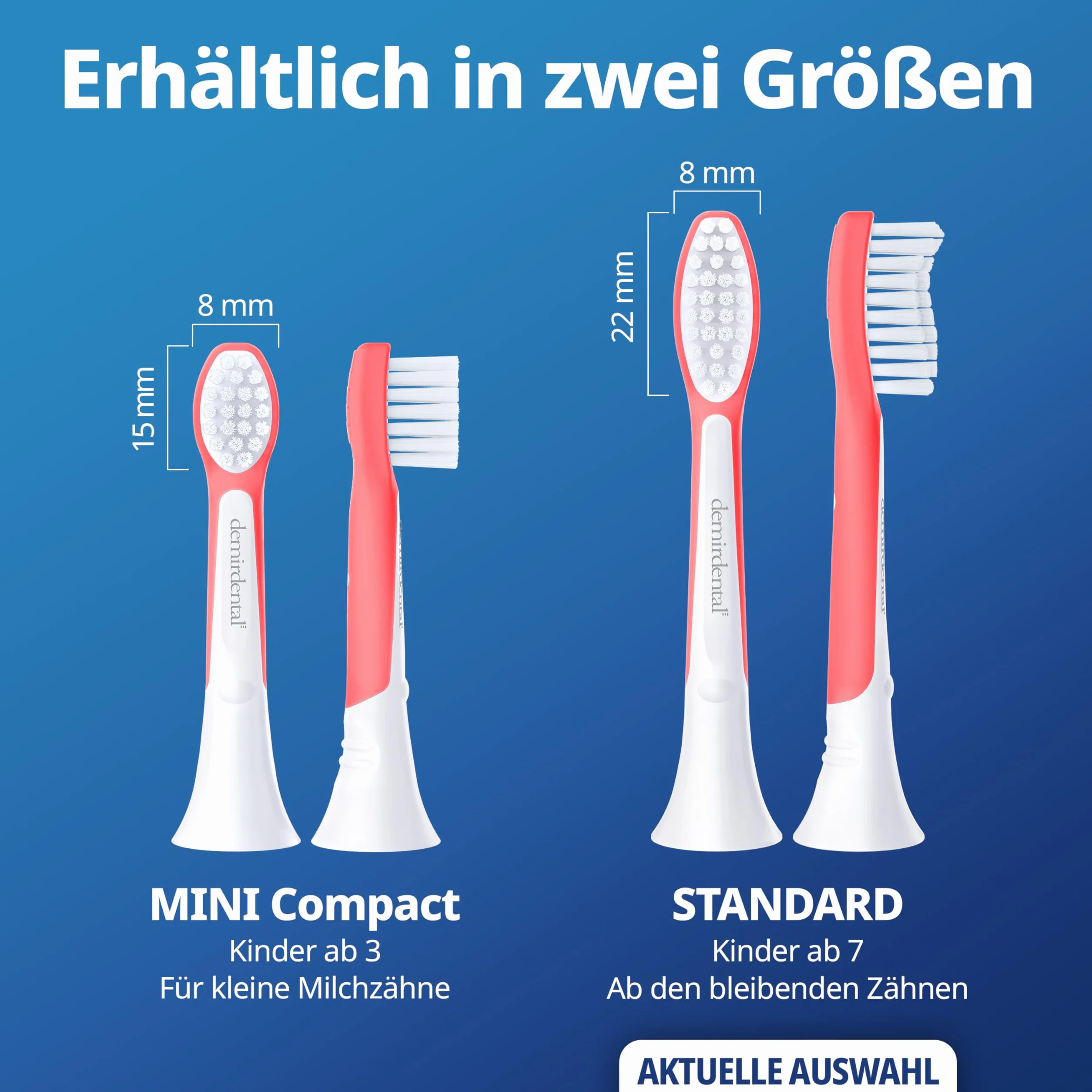 demirdental Główka szczoteczki do szczoteczki Philips Sonicare Kids dla dzieci, do pierwszych zębów stałych, dzieci w wieku 7-10 lat, zastępuje HX6048 HX6044, czerwona, zestaw 8 szt