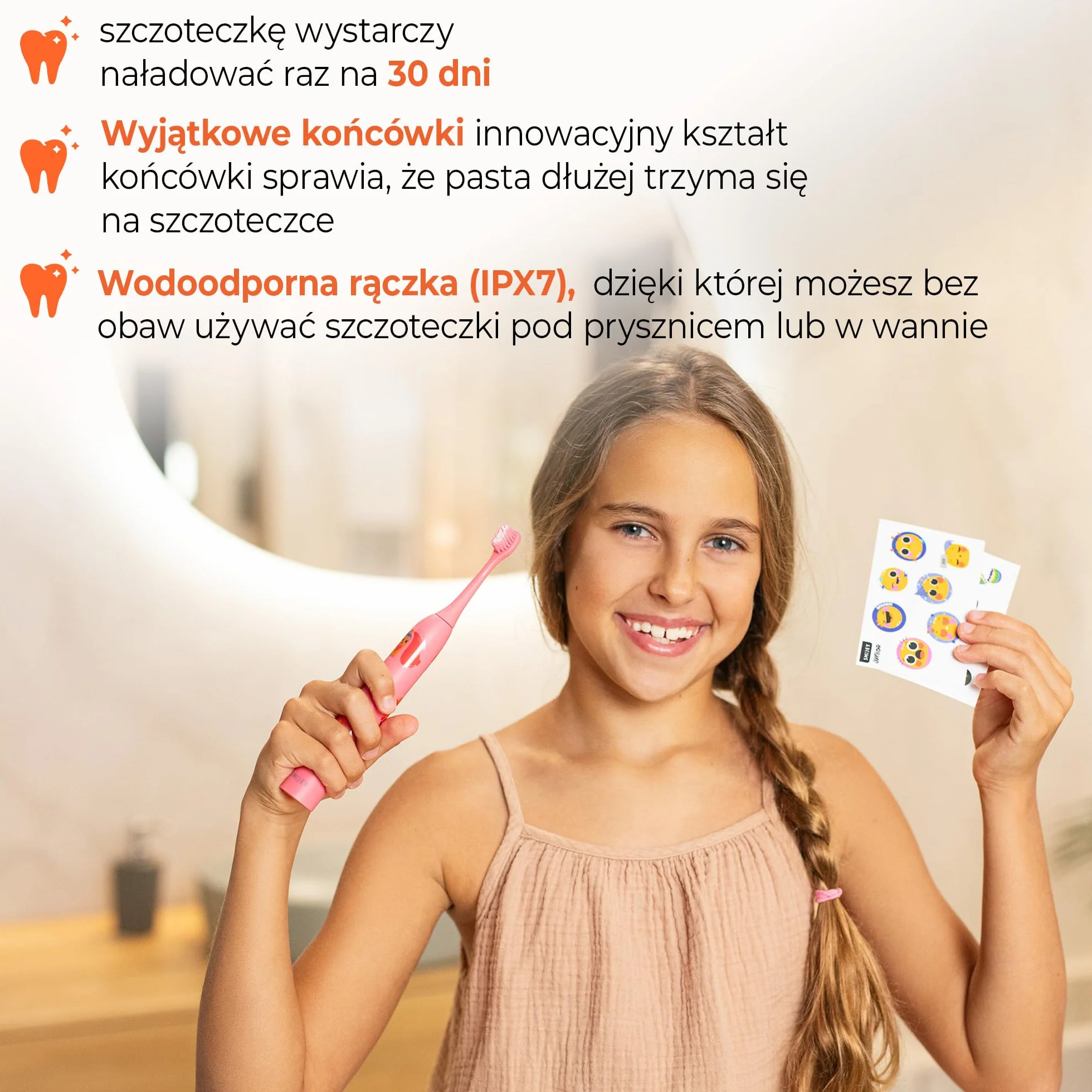 SMILEY Junior Elektryczna szczoteczka do zębów dla dzieci | Ultradźwiękowe szczoteczki soniczne do zębów | Szczoteczka do zębów dla dzieci i akcesoria: kabel USB-C i zestaw naklejek