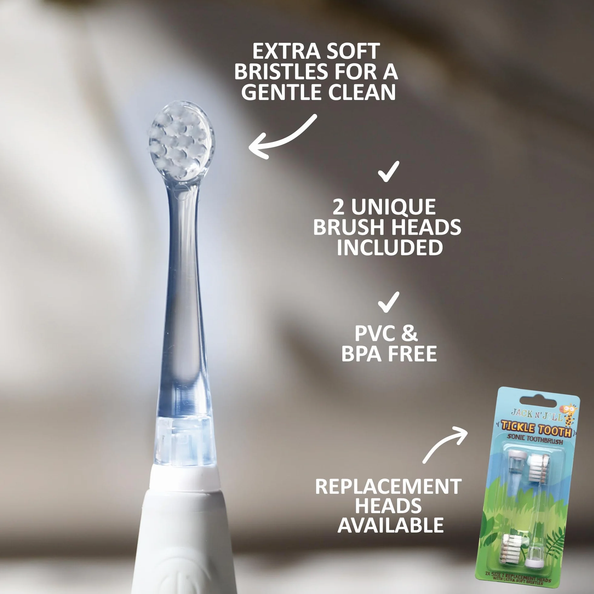 Jack N' Jill Kids Tickle Tooth Sonic Electric Toothbrush & Replacement Head, LED Brush Head With Light Timer & 30 Second Pulse Reminder, Suitable From 0-6 Years