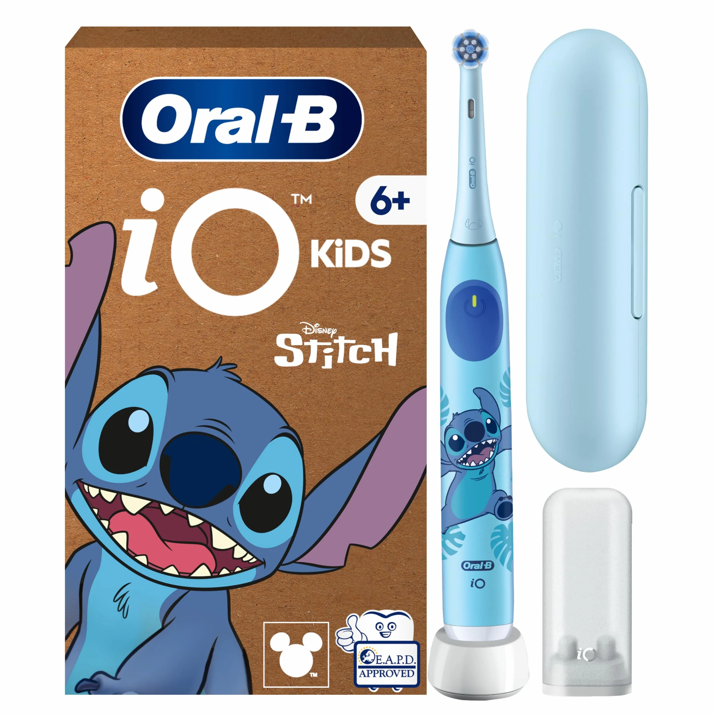 Oral-B iO Kids 6+ Disney Stitch elektryczna szczoteczka do zębów, dla dzieci od 6 lat, w zestawie 1 szczoteczka, etui podróżne, timer muzyczny i 3 tryby czyszczenia zębów — niebieska