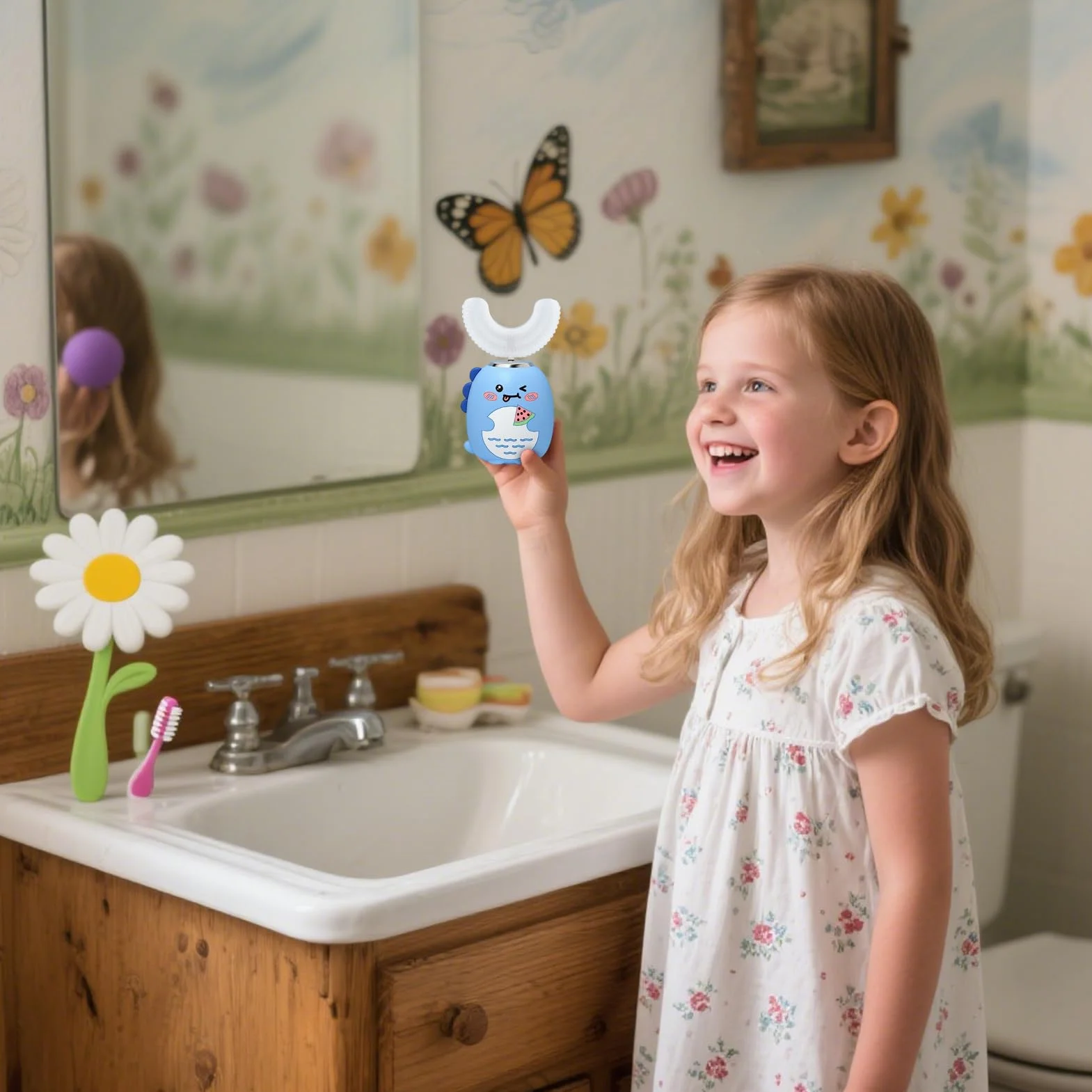 Kids Electric Toothbrush - Cartoon Waterproof Toothbrush, Electric U Shaped with 3 Modes Timer, Hygiene Accessory, Care Tool, Brushing Gadget for Ages 2-6 Boys Girls Preventing Cavities Care
