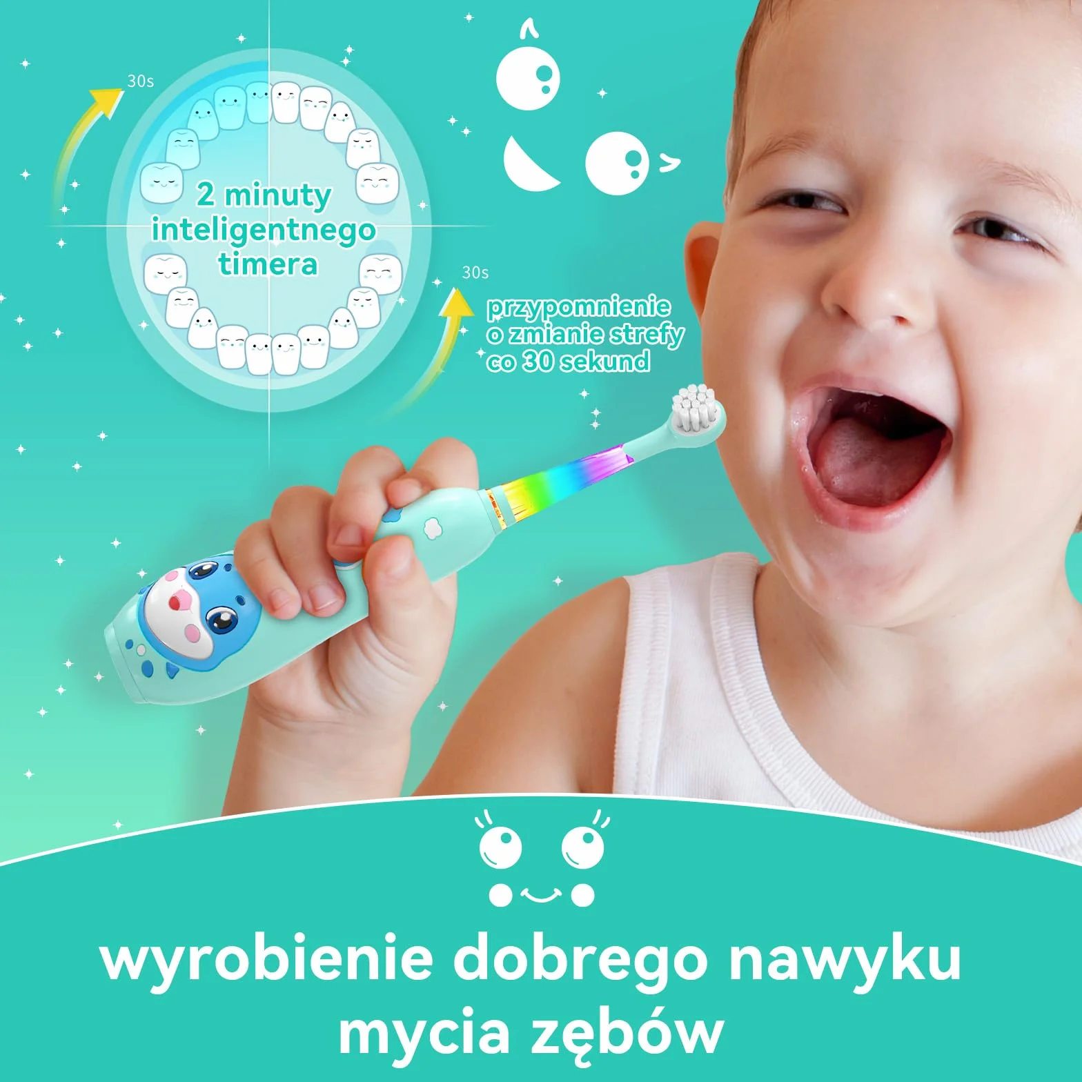 Seago Elektryczna szczoteczka do zębów dla dzieci w wieku 0-6 lat z kolorowym światłem LED, Smart timer, szczoteczka do zębów dla niemowląt z 8 miękkimi wymiennymi głowicami, wodoszczelność