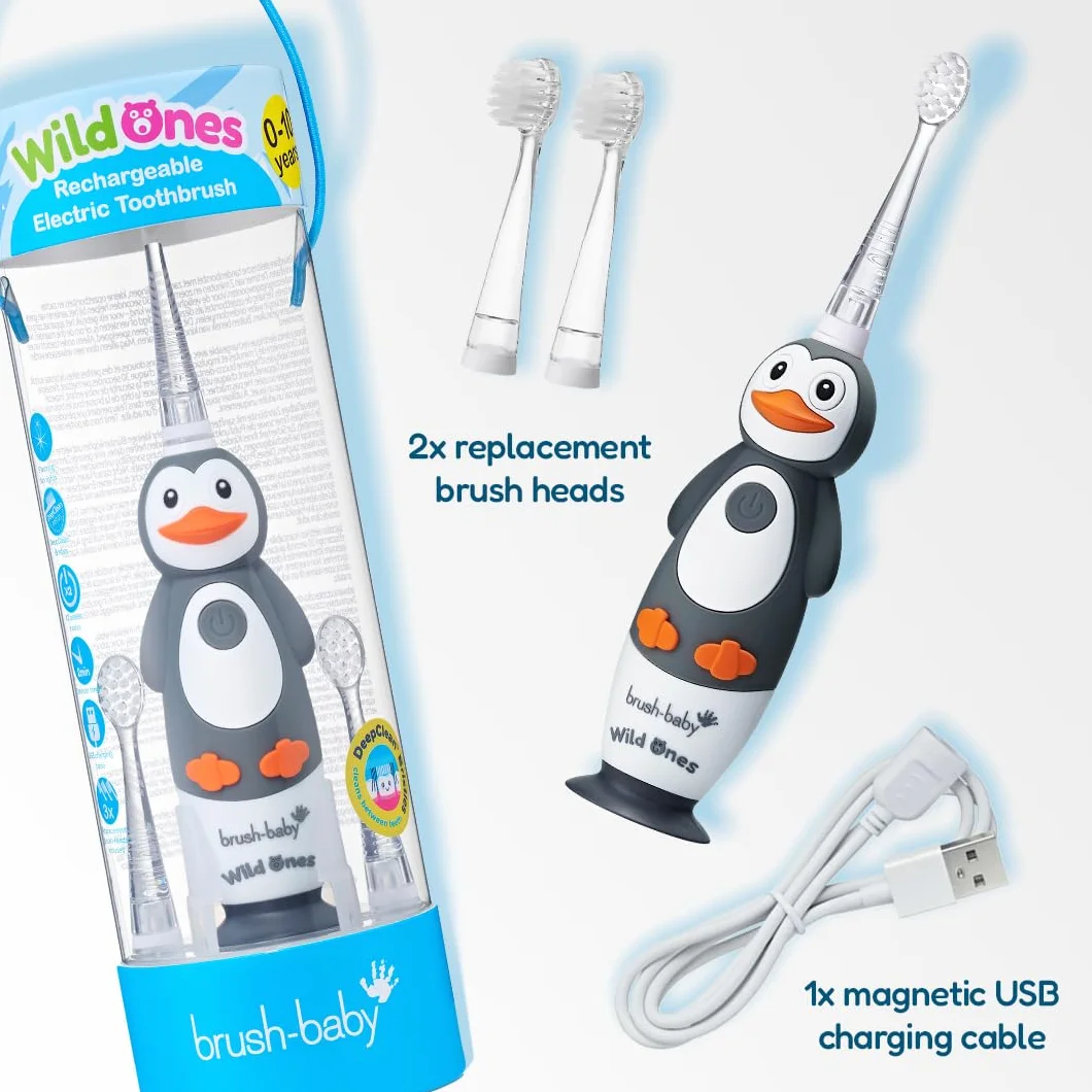 Brush-Baby WildOnes elektryczna szczoteczka do zębów dla dzieci, 1 uchwyt, 3 głowice, kabel do ładowania USB, dla dzieci w wieku 0-10 (pengiun)