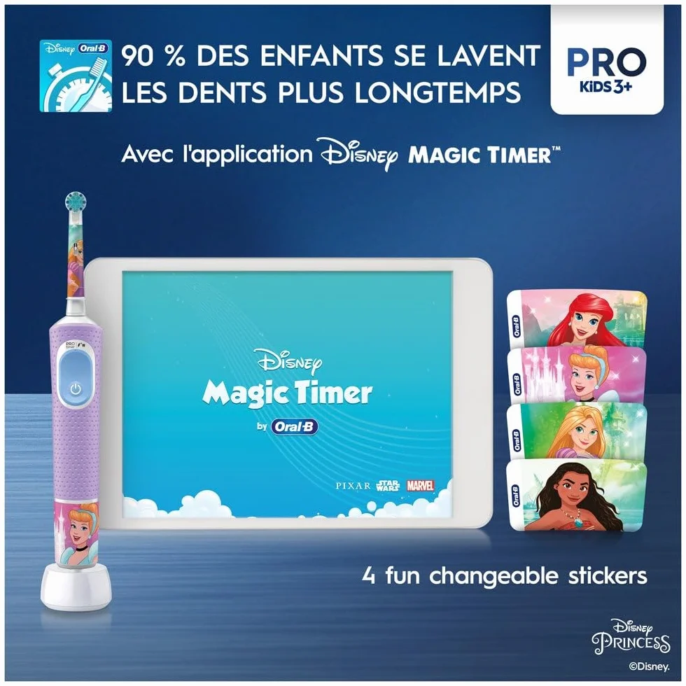 Oral-B Kids Prinzessin elektryczna szczoteczka do zębów dla dzieci od 3 lat, mała główka szczoteczki i miękkie włosie, 2 programy czyszczenia w tym Sensitiv, timer, 4 naklejki Disney, różowa