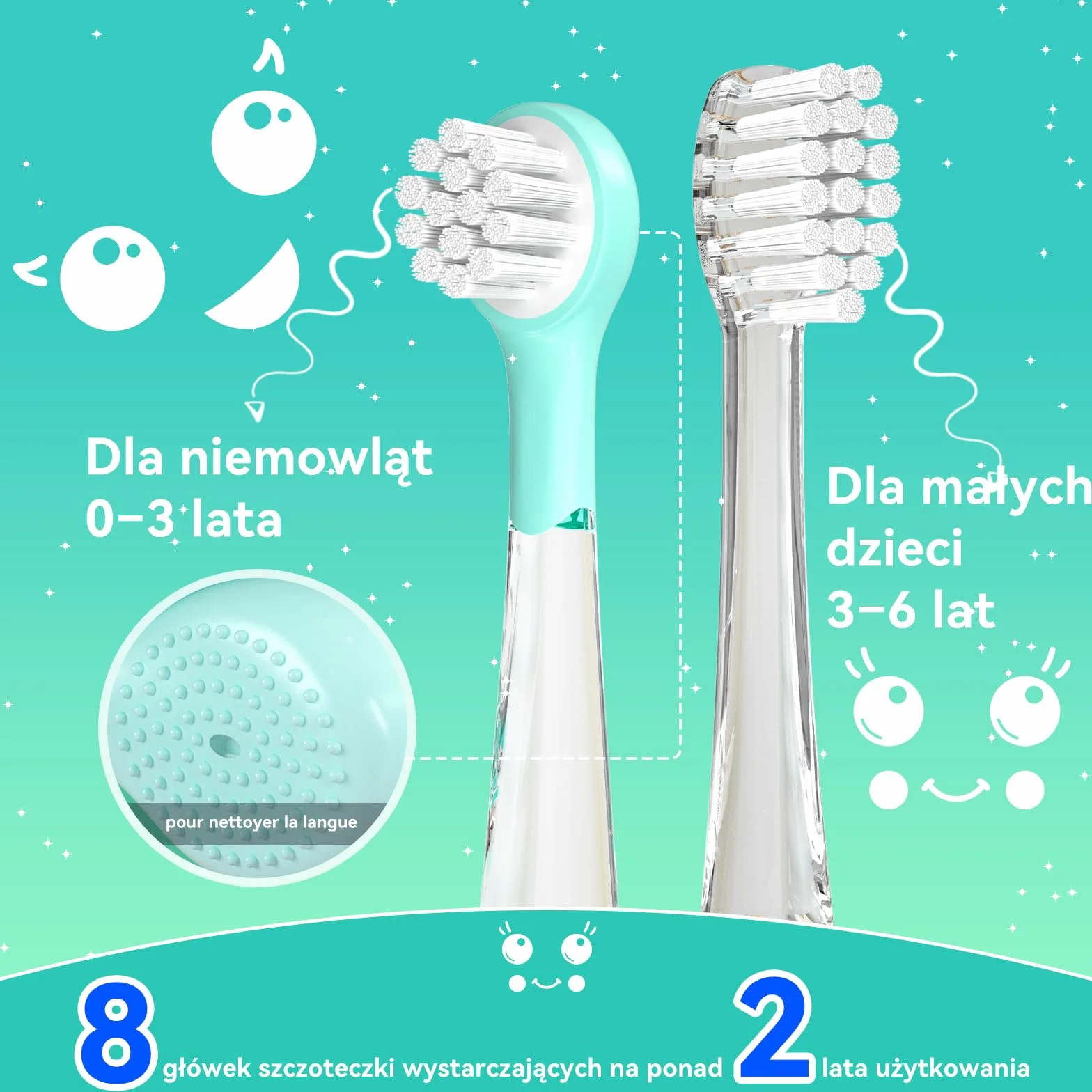 Seago Elektryczna szczoteczka do zębów dla dzieci w wieku 0-6 lat z kolorowym światłem LED, Smart timer, szczoteczka do zębów dla niemowląt z 8 miękkimi wymiennymi głowicami, wodoszczelność